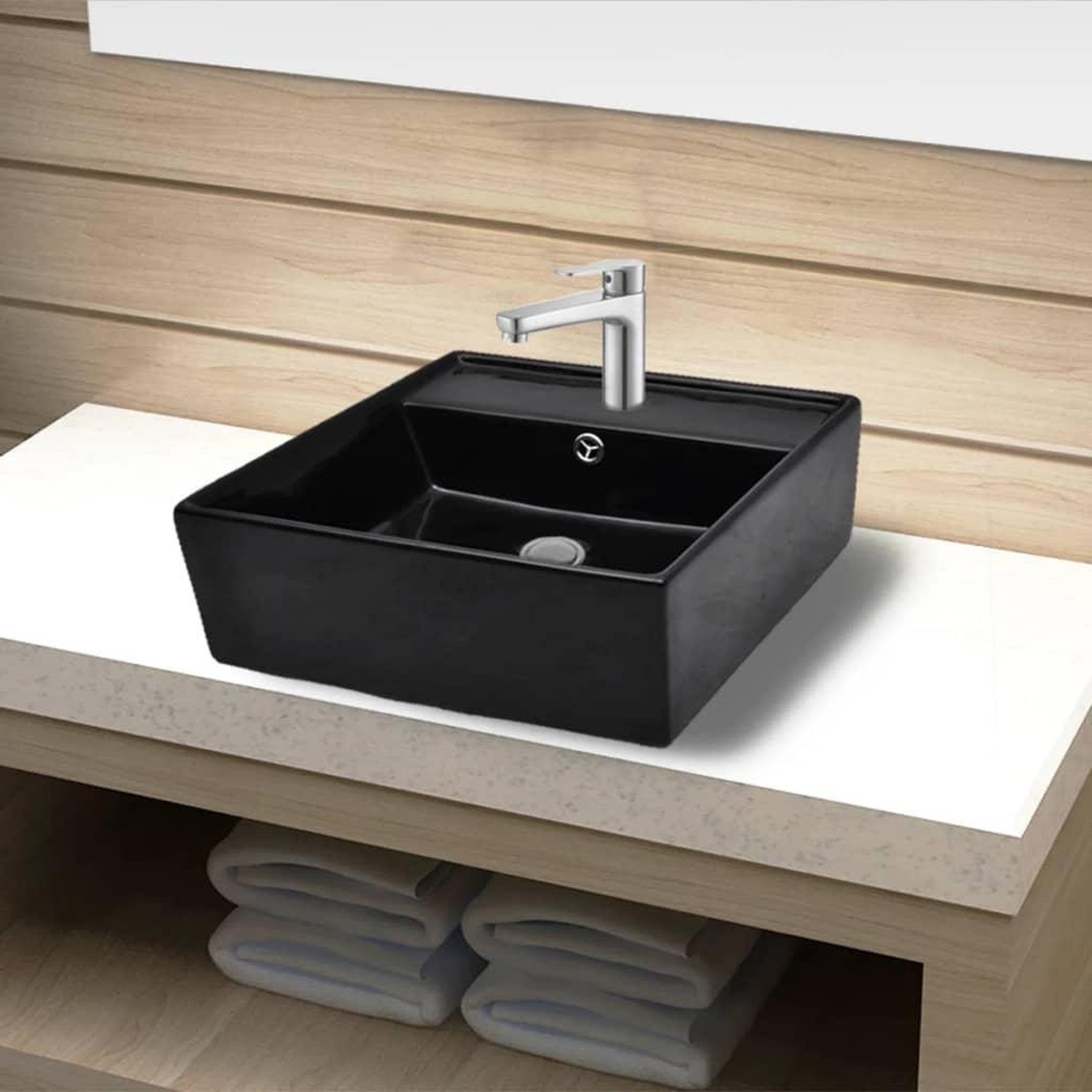 Voir la diapositive 1 : VIDAXL Robinet de lavabo salle de bain ceramique/trou trop-plein carre noir