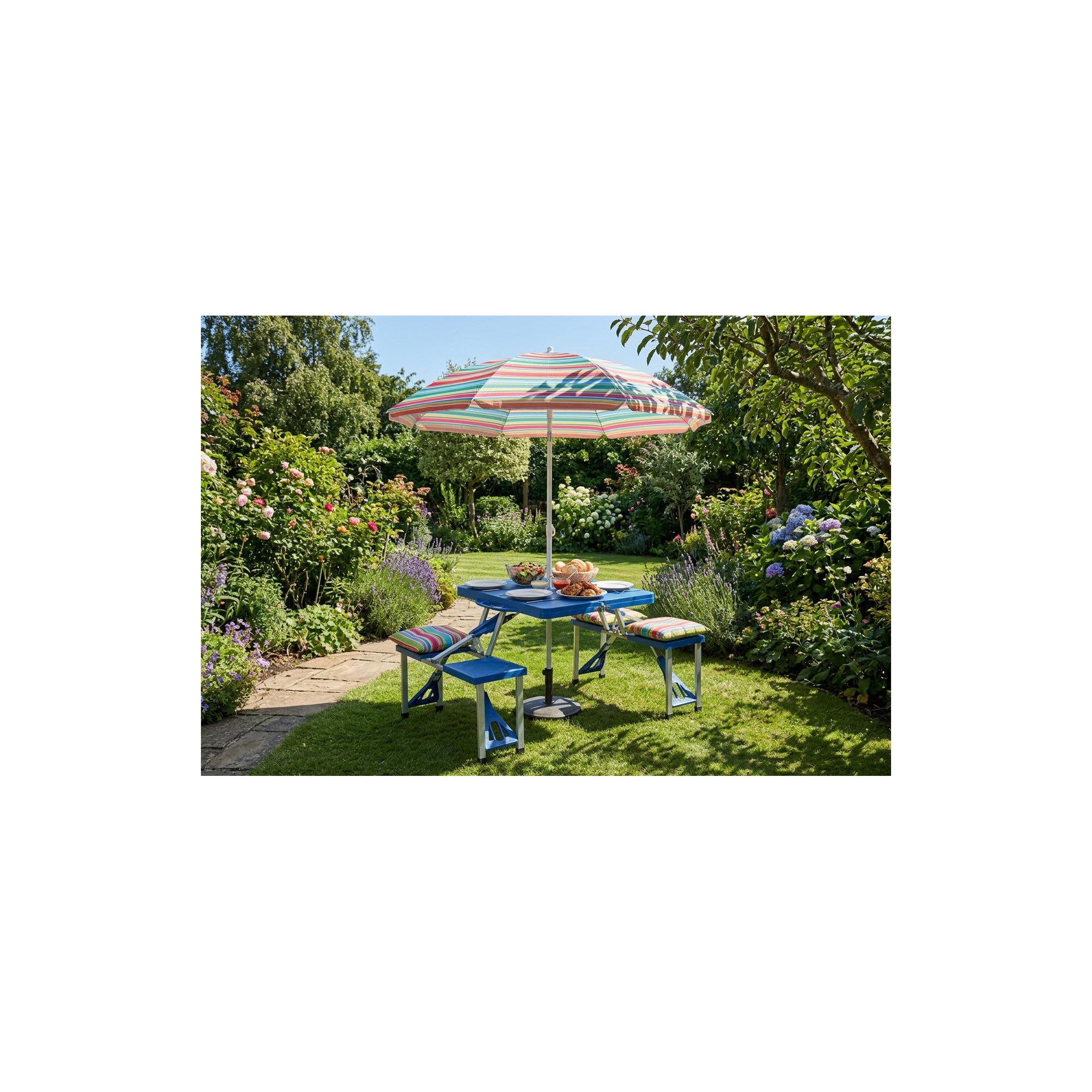 Voir la diapositive 3 : KINGCAMP Table de camping 4 personnes avec banc - Pliable - Bleu