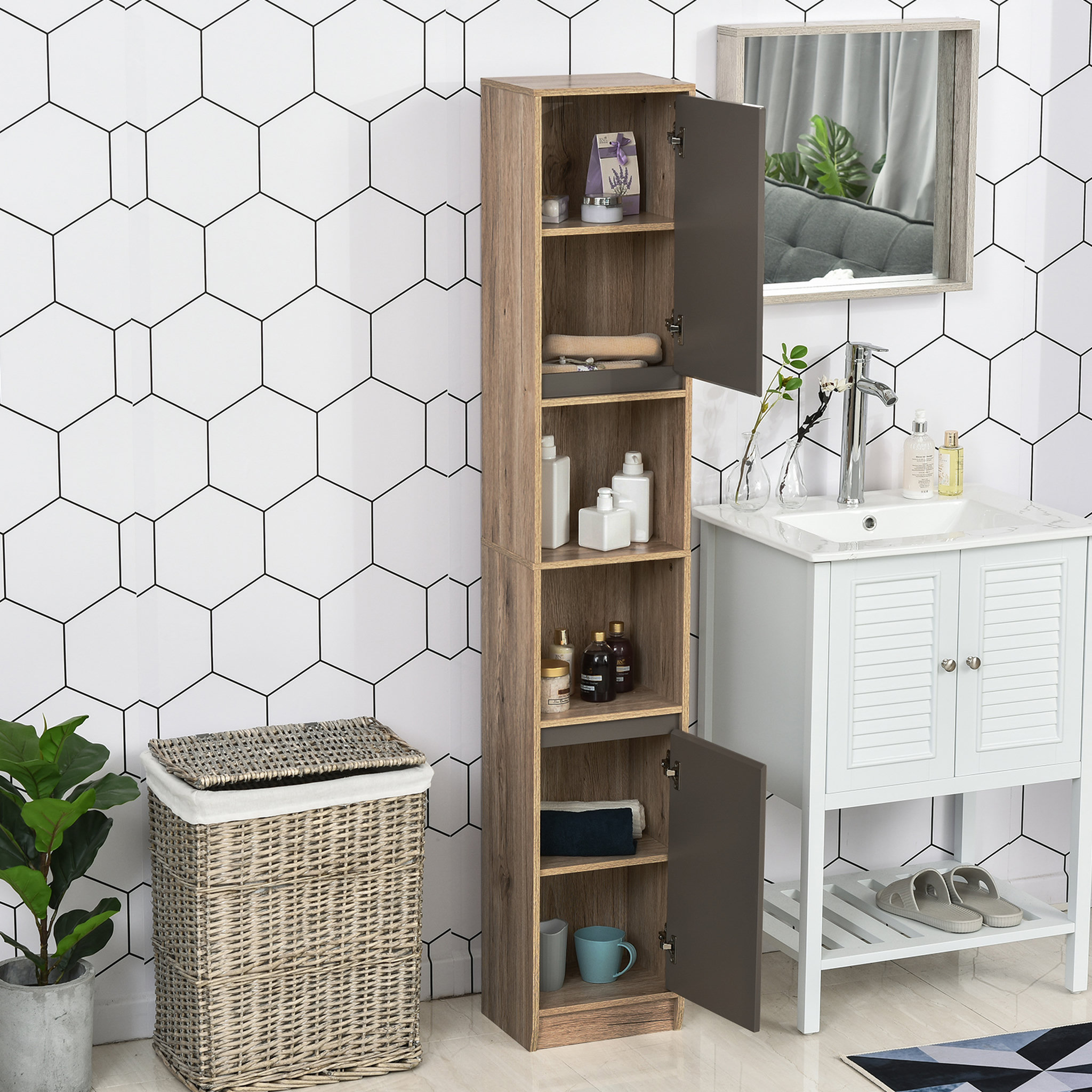 Voir la diapositive 4 : HOMCOM Meuble colonne rangement salle de bain style cosy dim. 30L x 24l x 170H cm 2 portes étagère 2 niches chêne clair gris