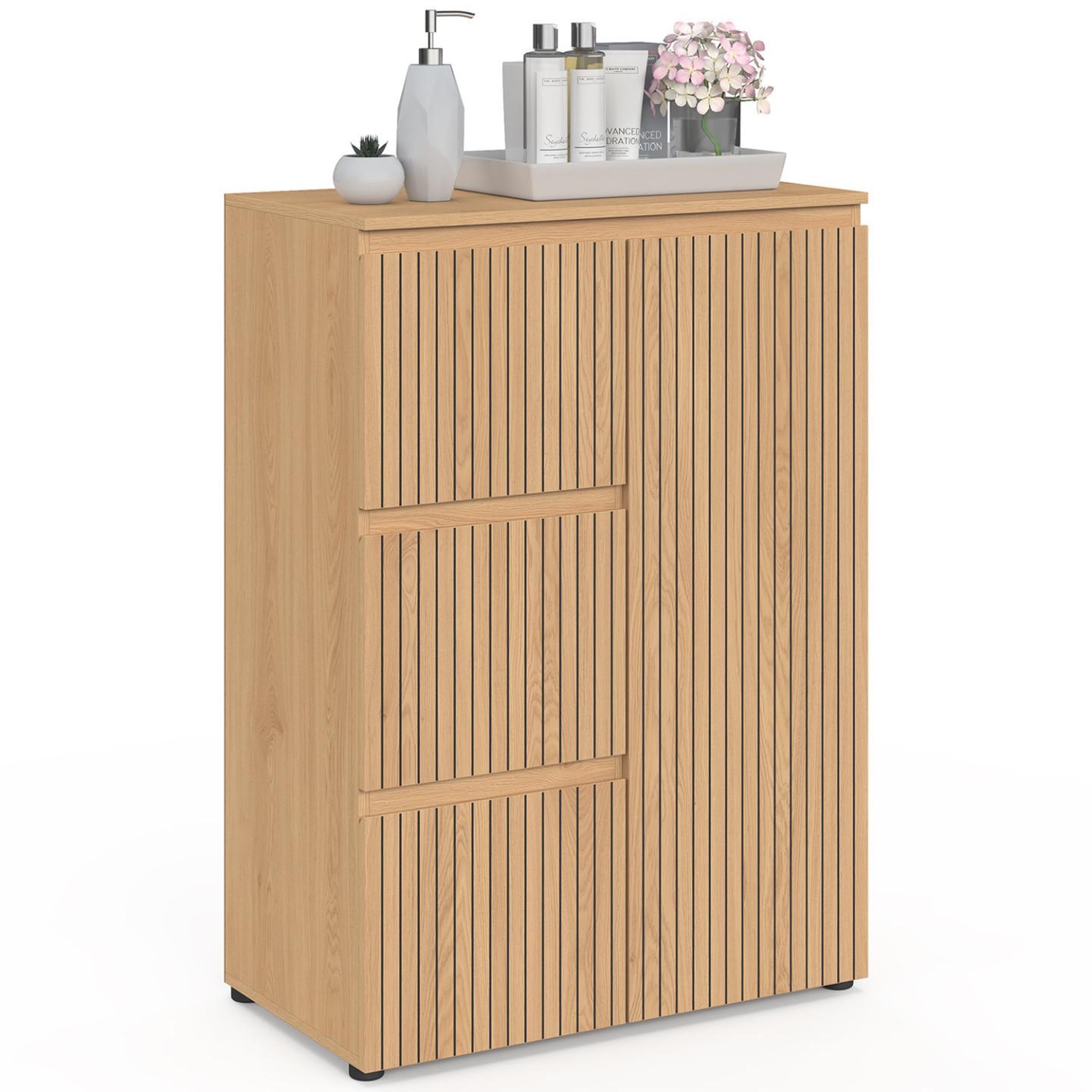 ID MARKET Meuble de rangement salle de bain victor 3 tiroirs avec placard effet lattes