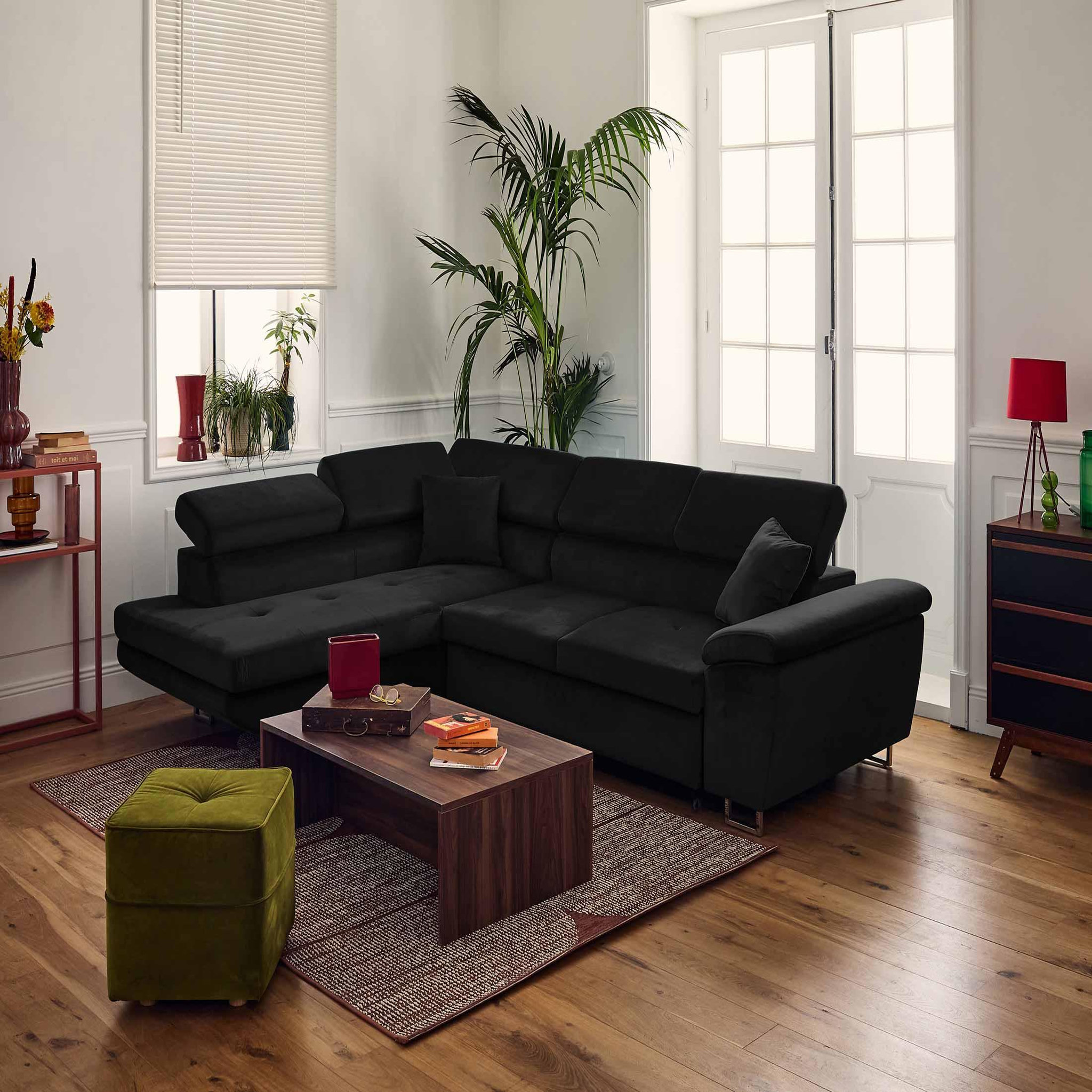 Voir la diapositive 5 : BEST MOBILIER Dimas - canapé d'angle gauche 5 places - convertible avec coffre et têtières réglables - en velours