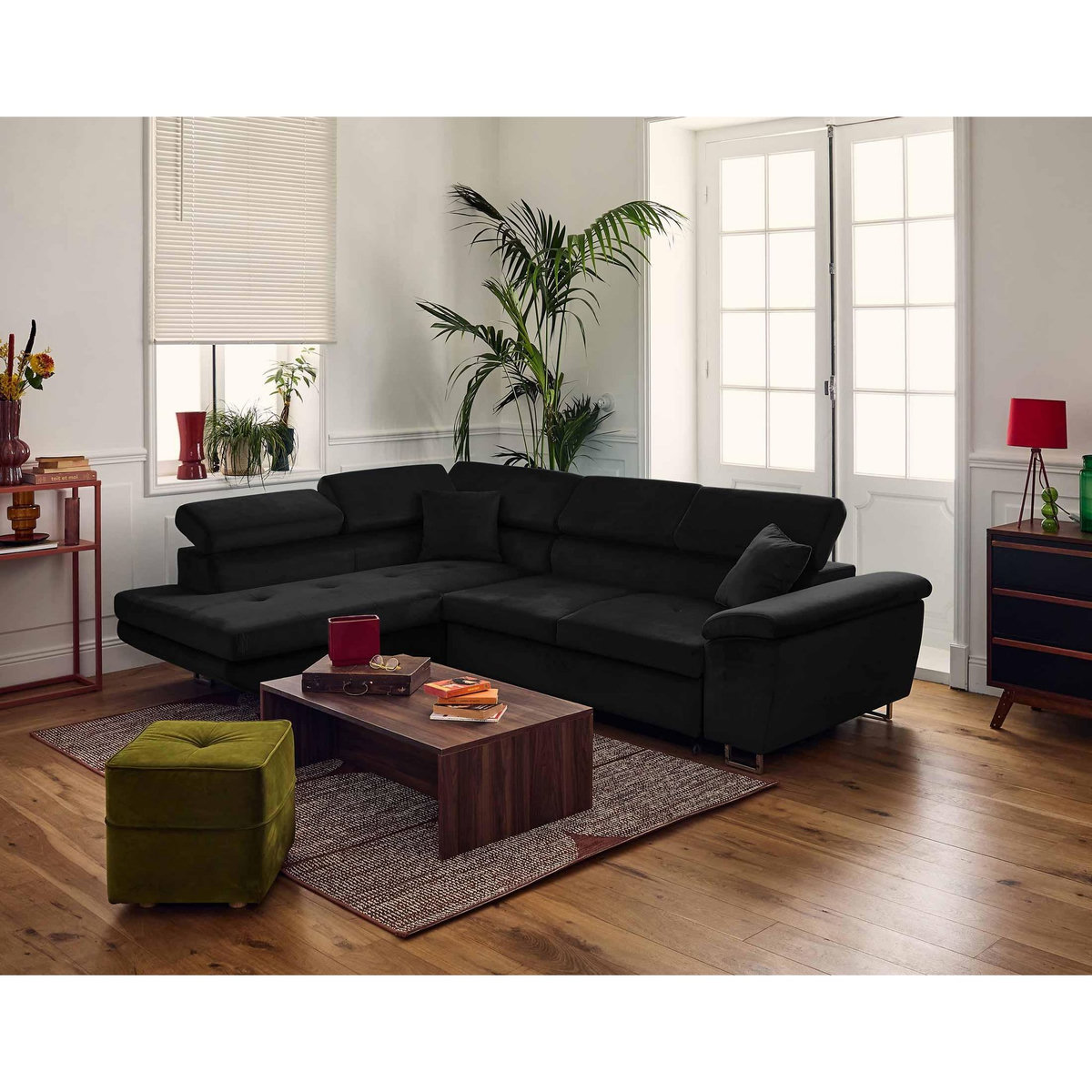 BEST MOBILIER Dimas - canapé d'angle gauche 5 places - convertible avec coffre et têtières réglables - en velours