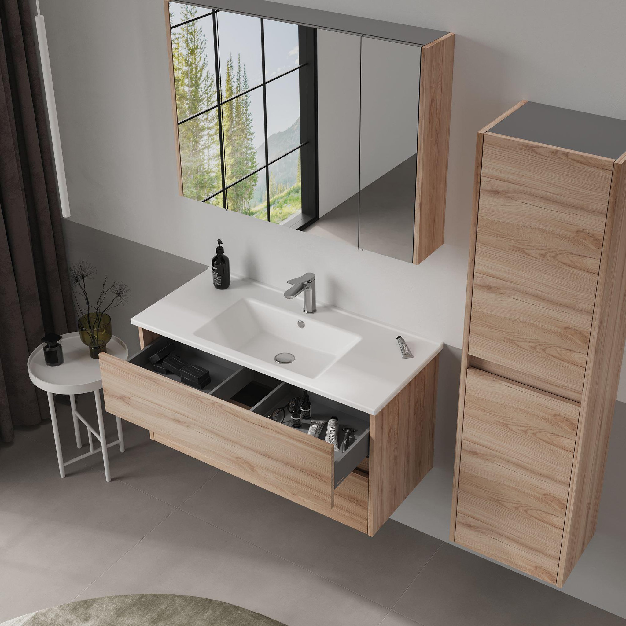 Voir la diapositive 4 : Habitat et Jardin Meuble Salle de Bain avec Miroir  Side 100  - 100 x 16 x 66 cm - Oak