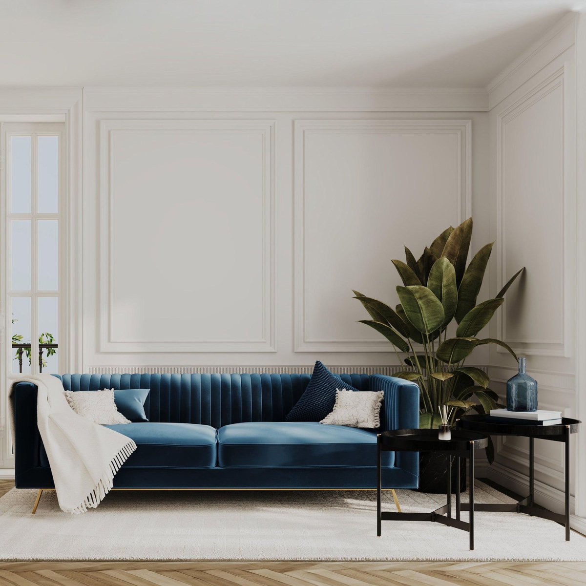 Rendez vous déco Ensemble canapé et fauteuil en velours bleu 3 places-Gatsby