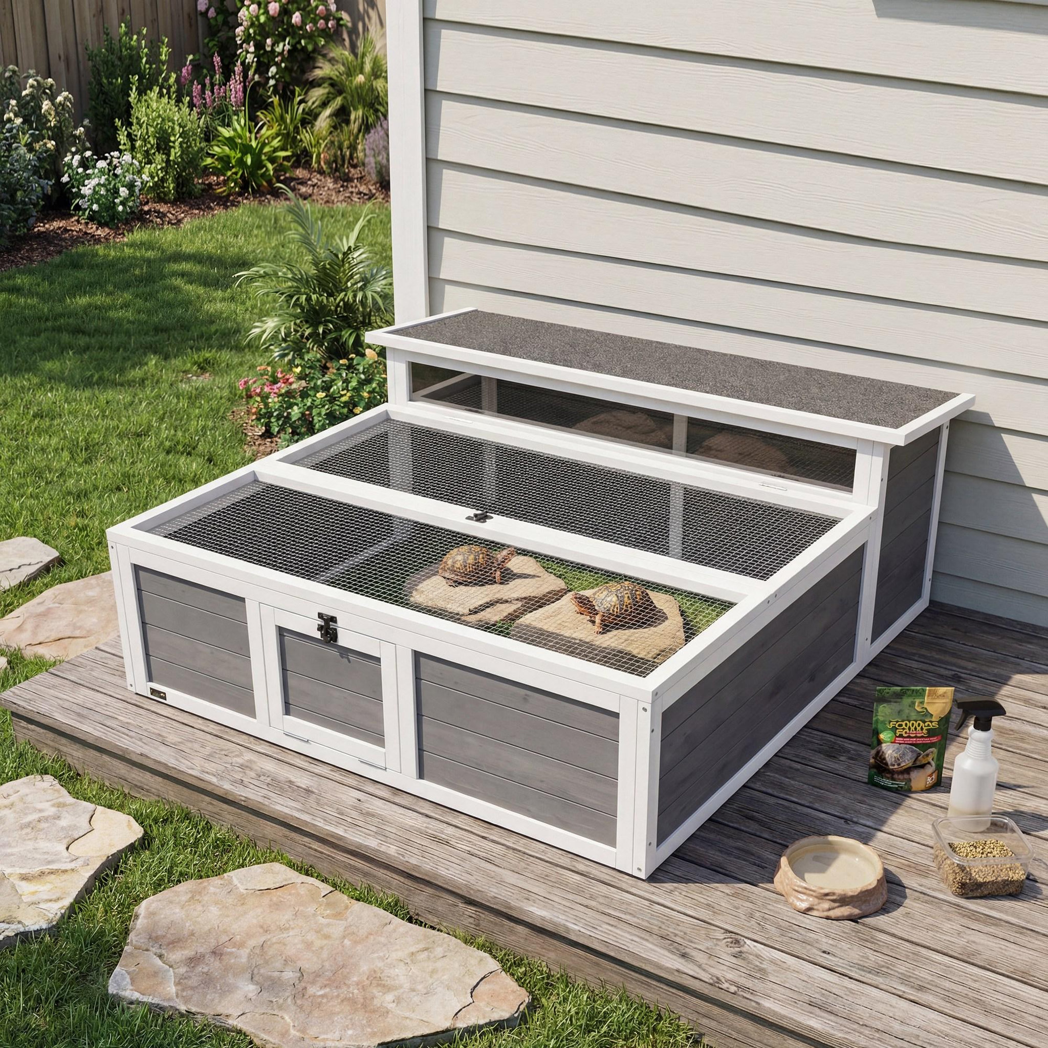 Voir la diapositive 4 : PAWHUT Enclos tortue maison tortue dim. 113x106,5x44cm niche couverte porte blanc gris
