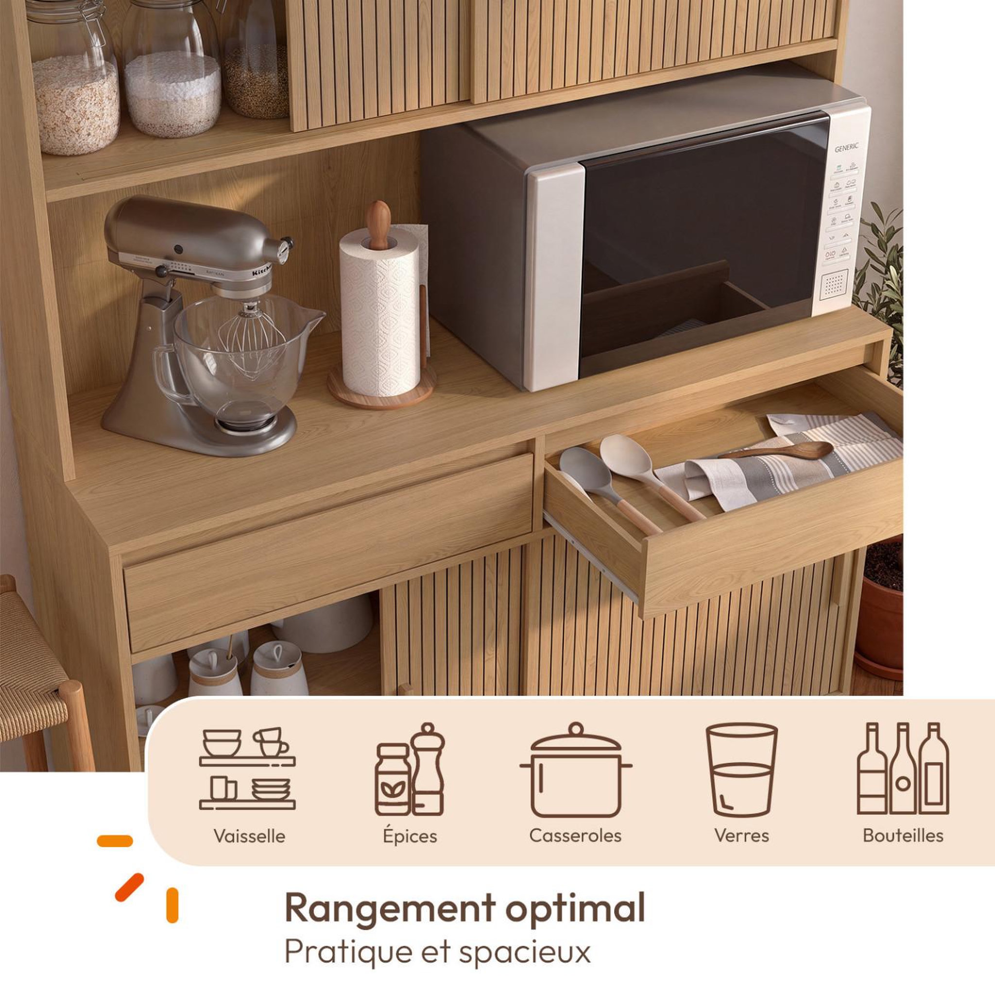 Voir la diapositive 4 : ID MARKET Buffet de cuisine 120 cm JULIETTE 4 portes coulissantes + 2 tiroirs effet lattes tasseau bois