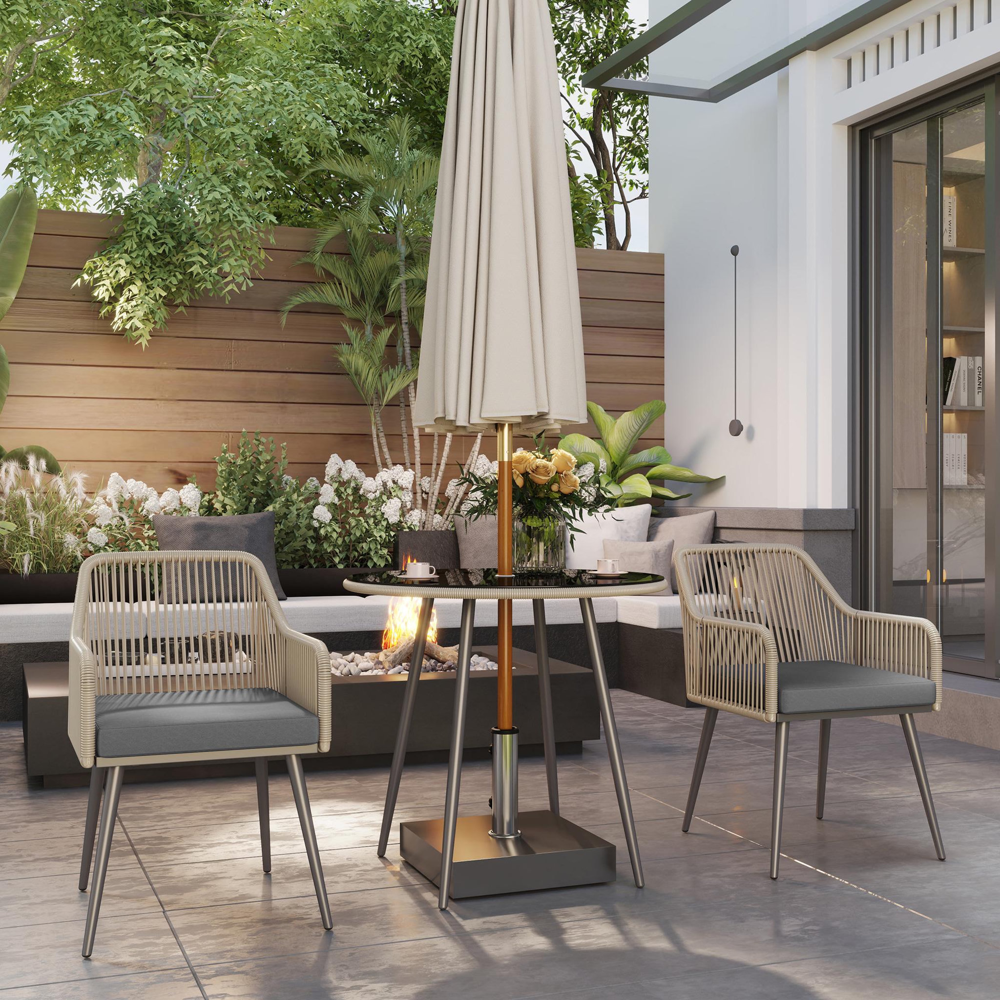 Voir la diapositive 2 : OUTSUNNY Salon de jardin 3 pièces 2 places avec coussins plateau table verre trempé noir résine filaire gris