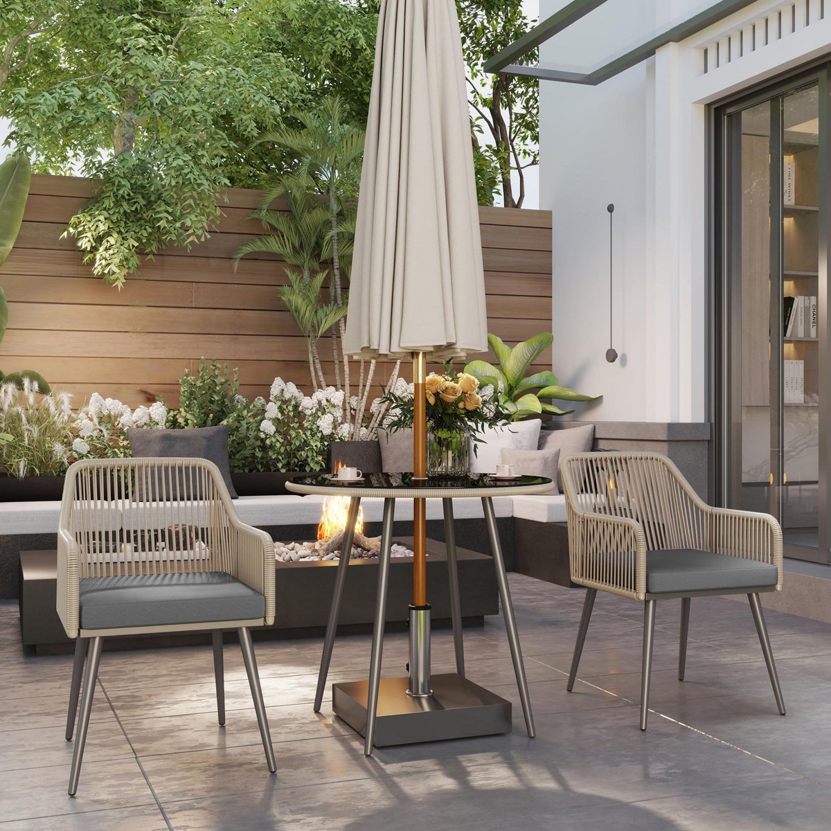 OUTSUNNY Salon de jardin 3 pièces 2 places avec coussins plateau table verre trempé noir résine filaire gris