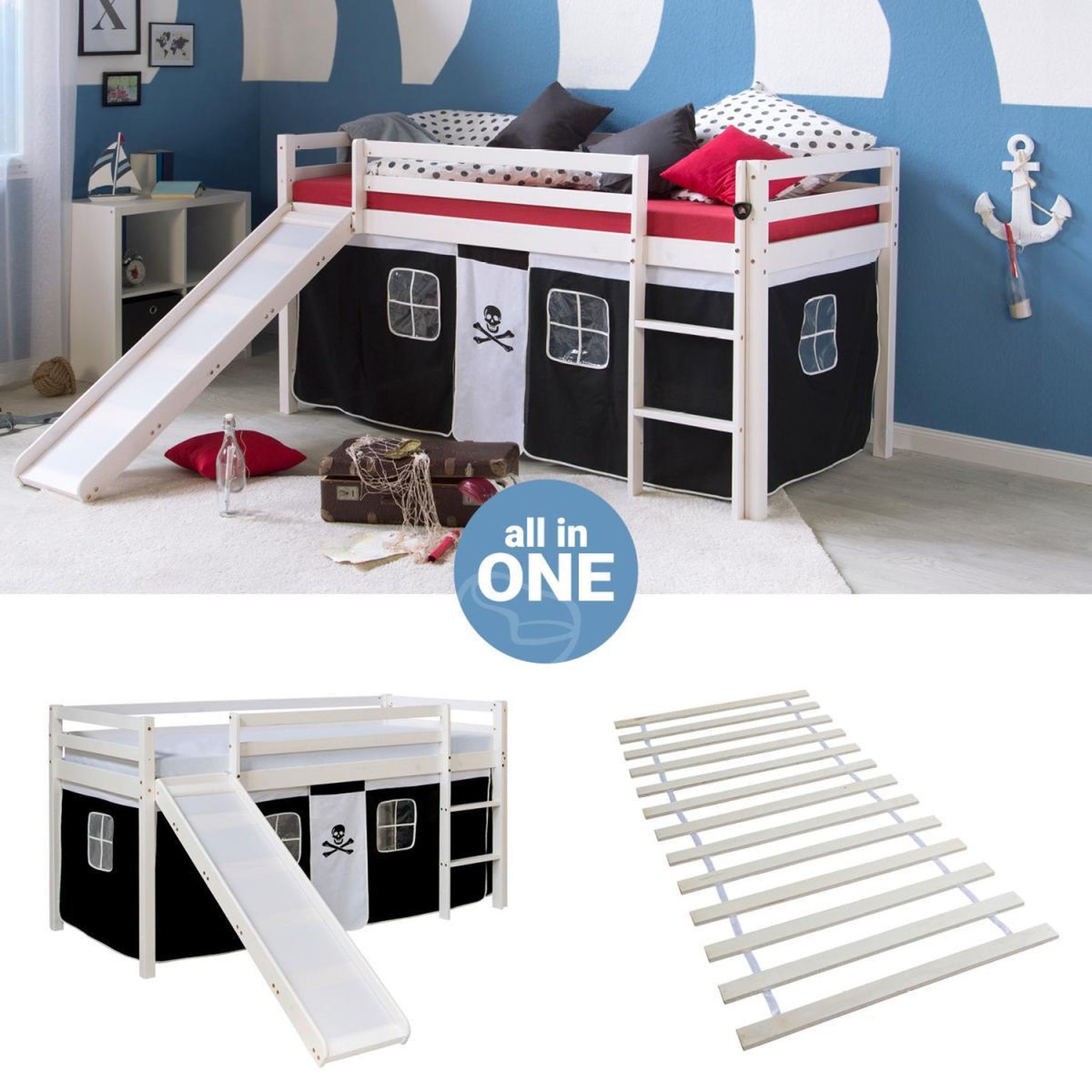 Voir la diapositive 4 : HomeStyle4U Lit mi-hauteur avec rideaux - noir pirate avec sommier