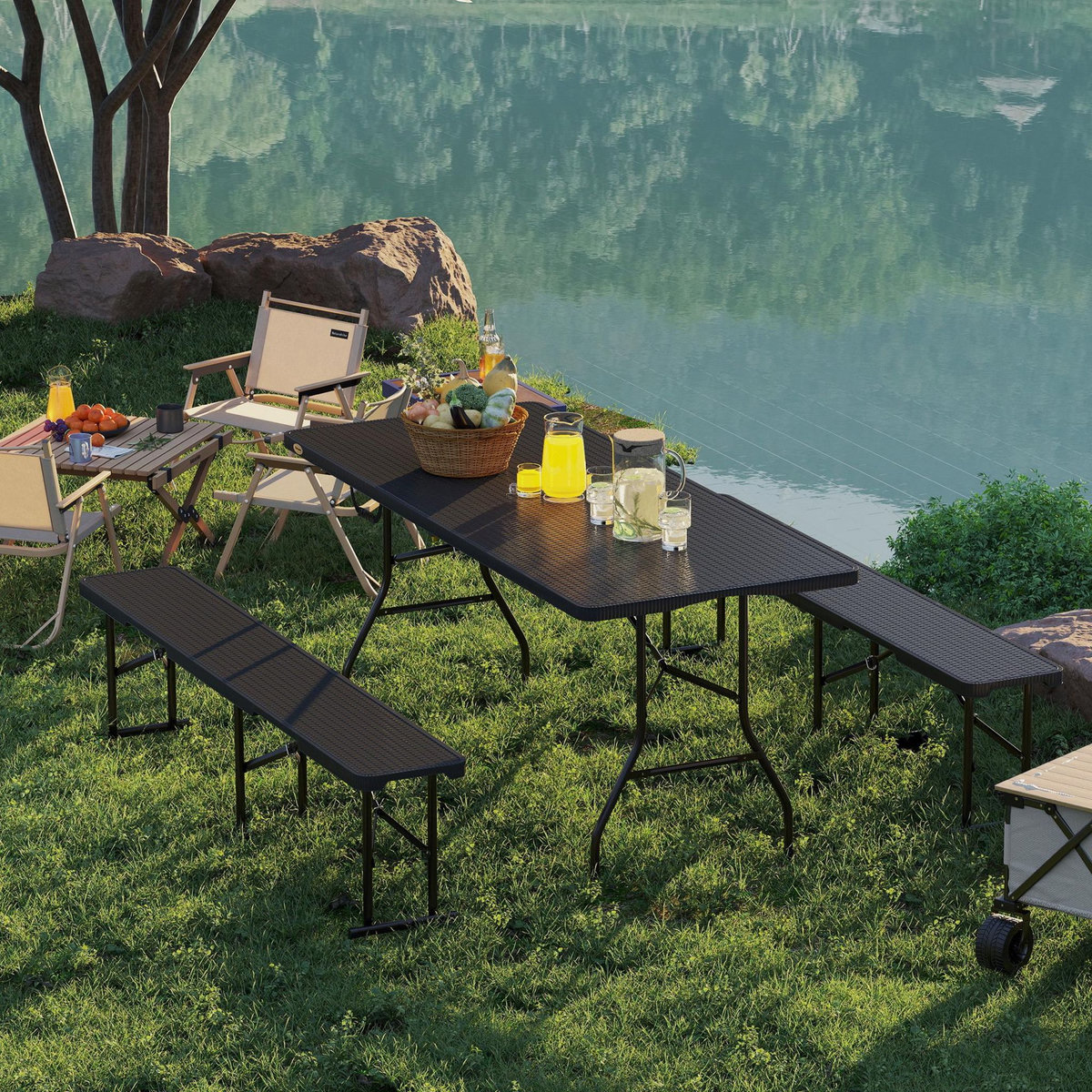 OUTSUNNY Ensemble table 2 bancs pliables avec poignées - usage pique-nique camping - métal époxy HDPE effet rotin noir