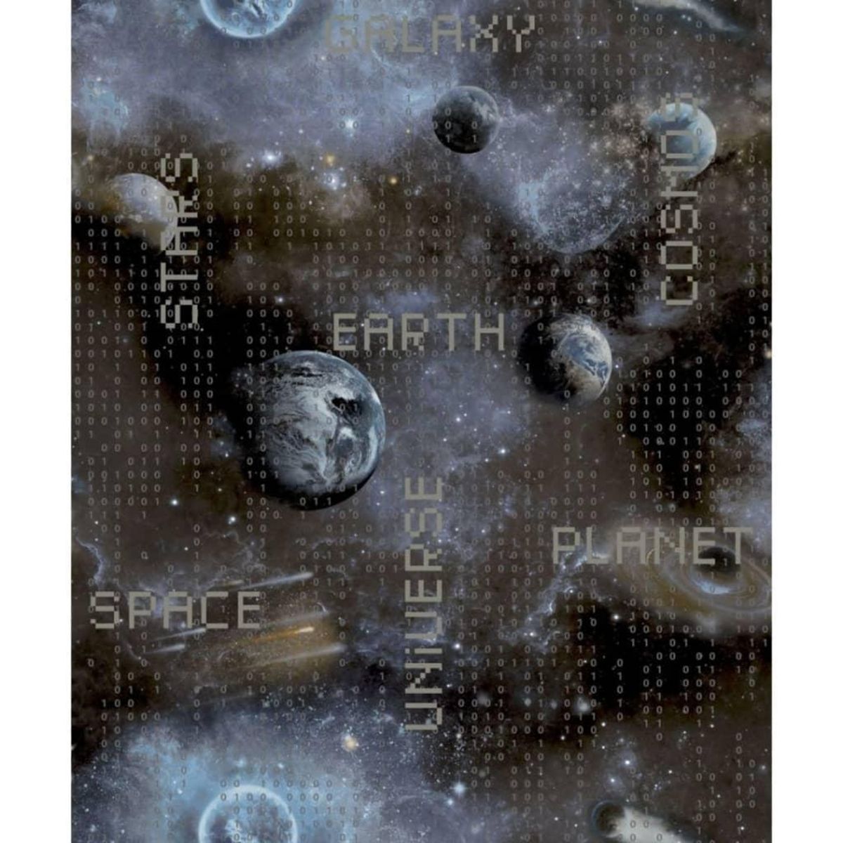 Noordwand Noordwand Papier peint Good Vibes Galaxy Planets and Text Bleu et noir