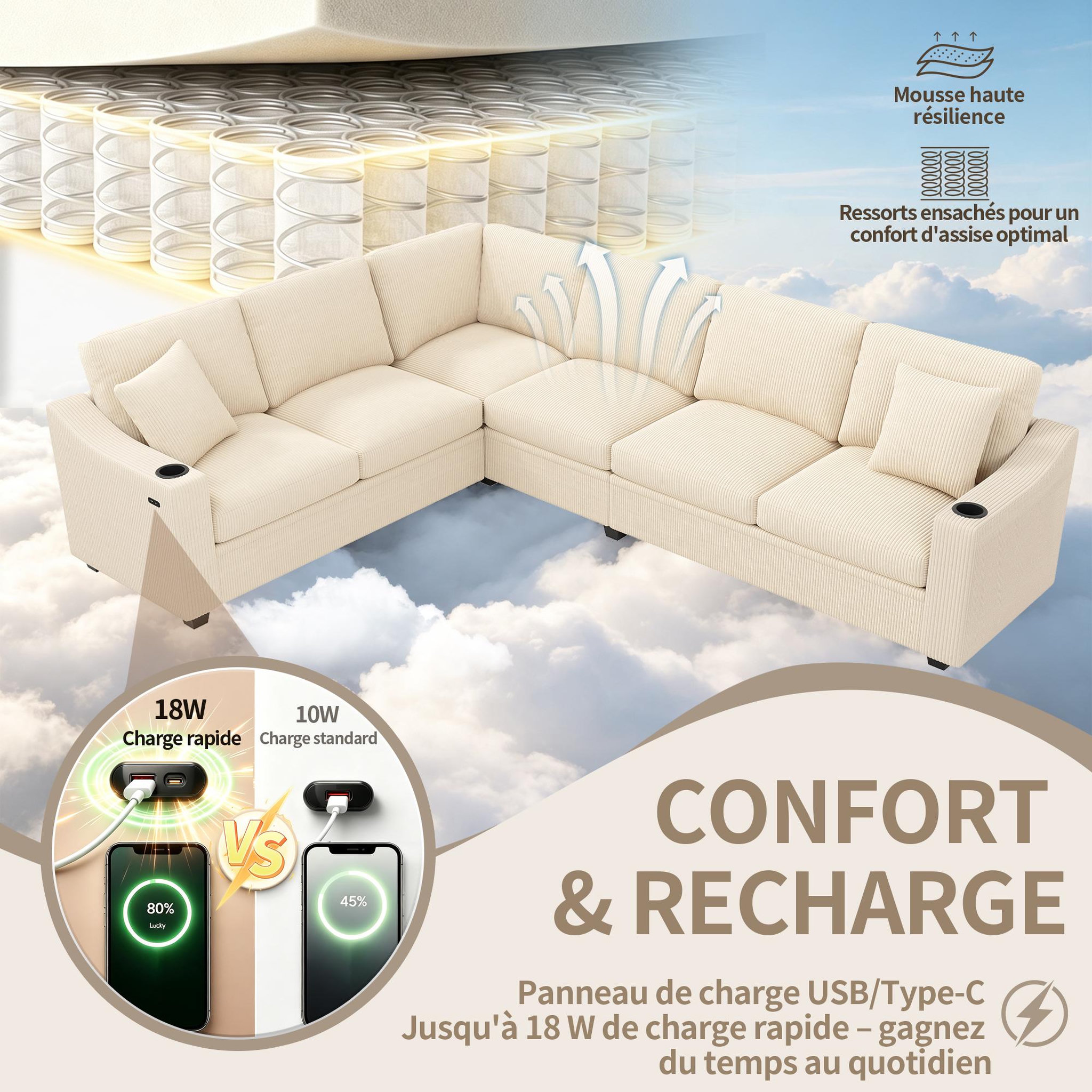 Voir la diapositive 5 : MERAX Canapé d'angle modulable 6 places avec usb type-c porte-gobelets tissu côtelé