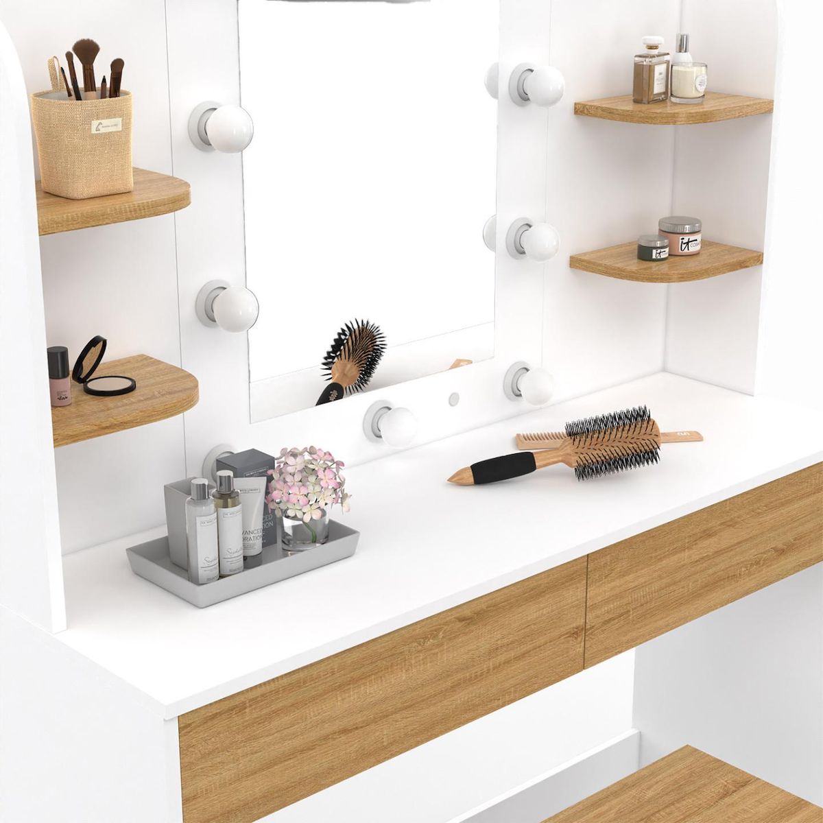 ID MARKET Coiffeuse ZELIA blanc et hêtre table de maquillage 4 étagères, miroir LED et tabouret