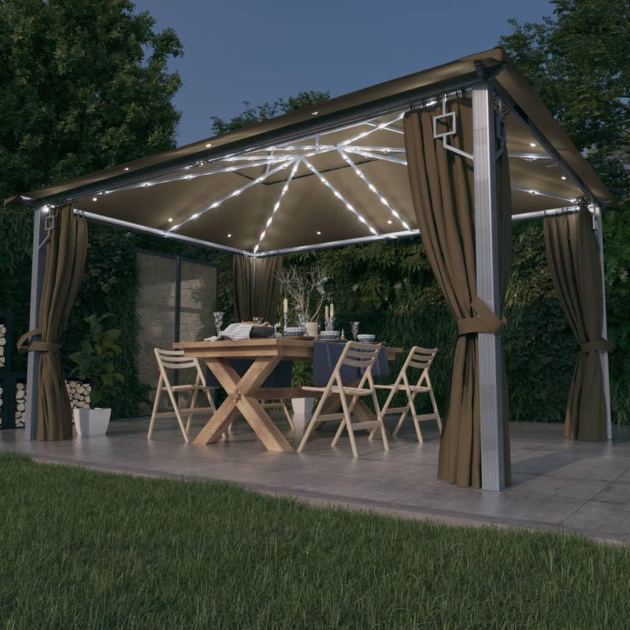 VIDAXL Tonnelle avec rideau et lumieres LED 4x3 m Taupe Aluminium