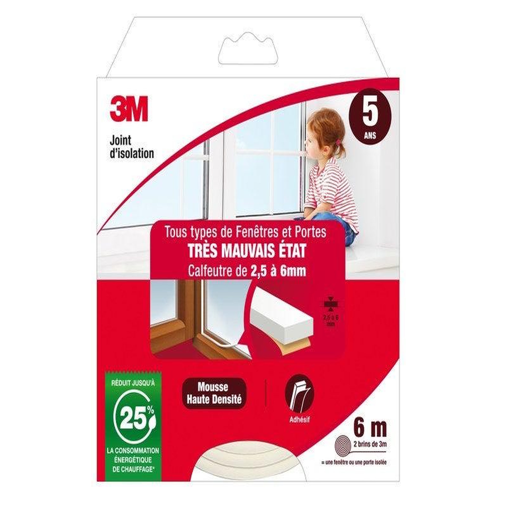 3M Joint Porte/Fenêtre Universel Très Mauvais Etat 2,5 À 6 mm X 6 m Blanc