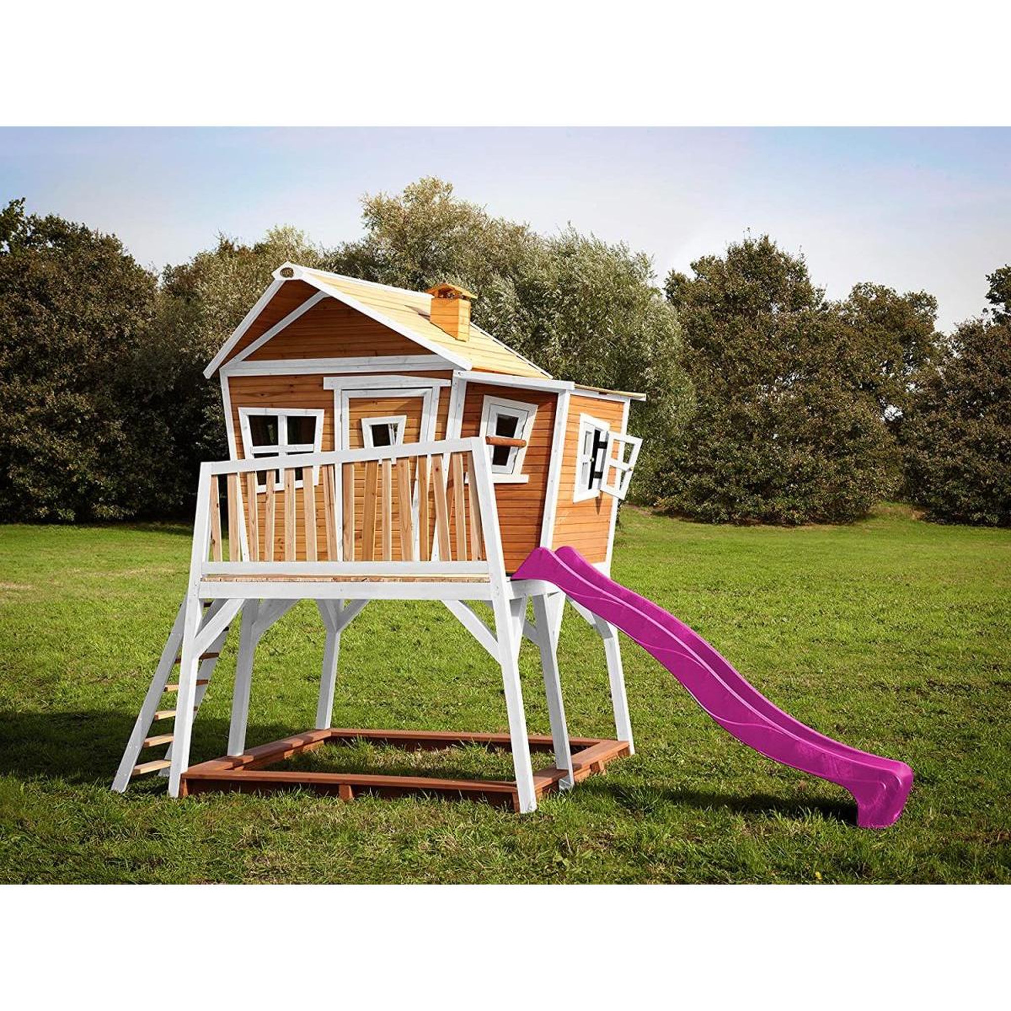 Voir la diapositive 5 : Axi House AXI Maisonnette MAX Brun Blanc avec toboggan Violet et bac à sable