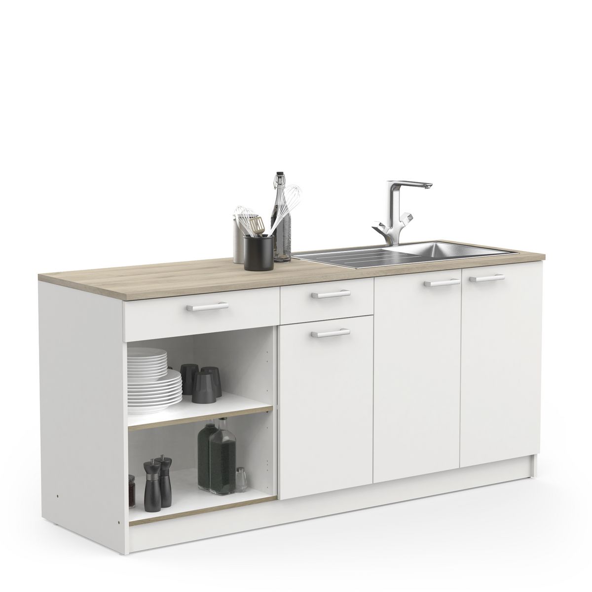 Meuble de cuisine bas 3 portes 2 tiroirs 2 niches de rangement L180cm TIRAMISU