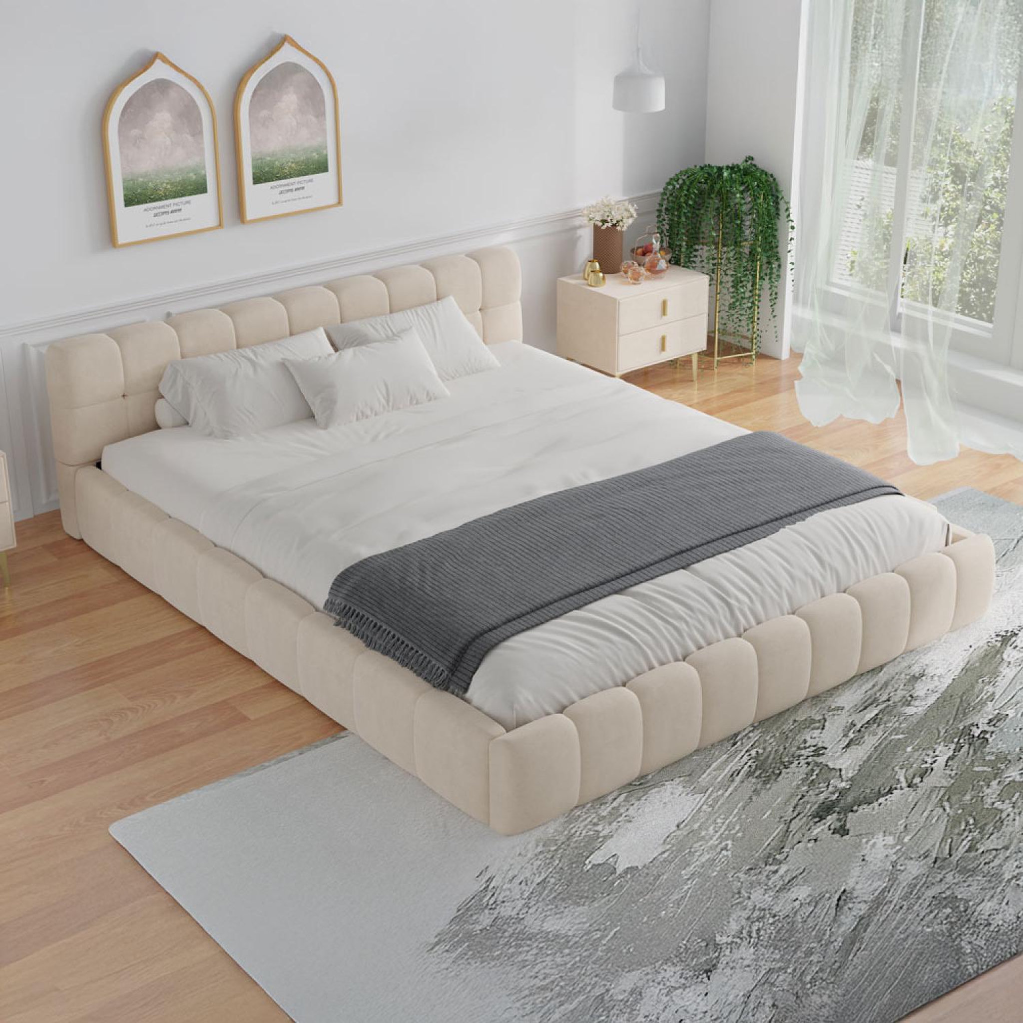 Voir la diapositive 4 : CONCEPT USINE Lit style nuage 140x190cm en velours beige kansas