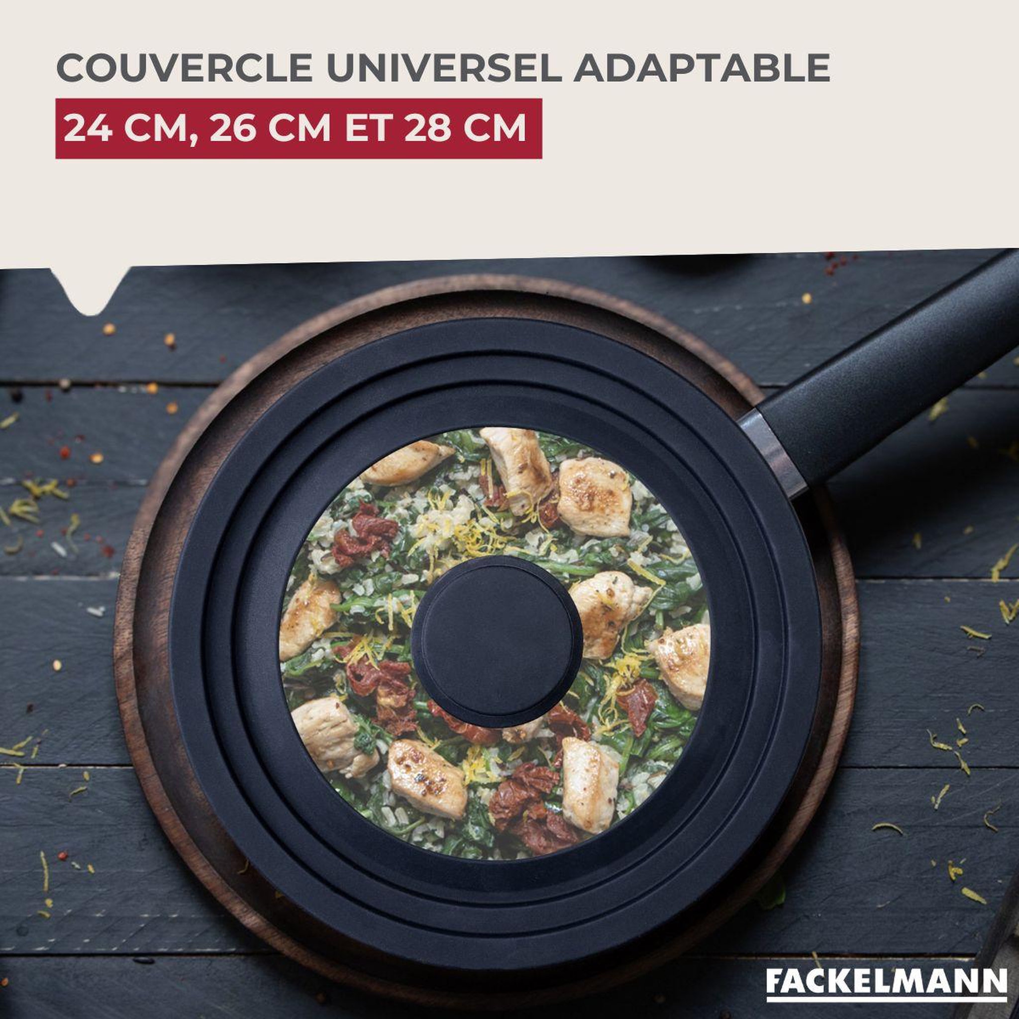Voir la diapositive 2 : Fackelmann Couvercle de cuisson adaptable de 24 à 28 cm en verre et silicone Fackelmann