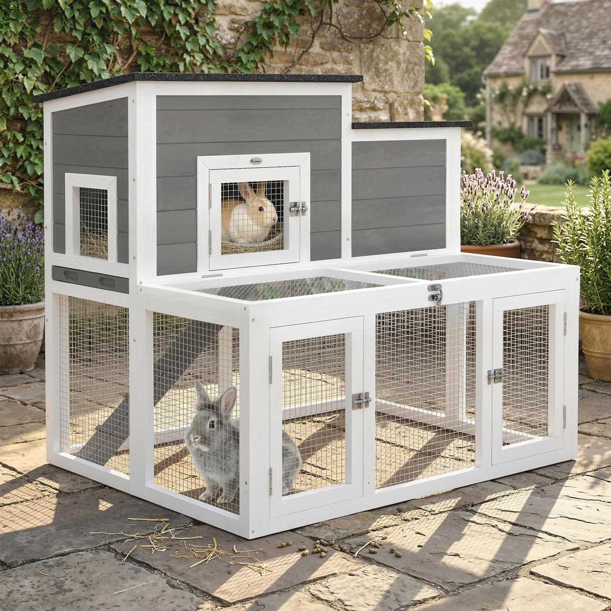 PAWHUT Clapier niche haute double toit ouvrant rampe enclos 3 portes bois blanc gris