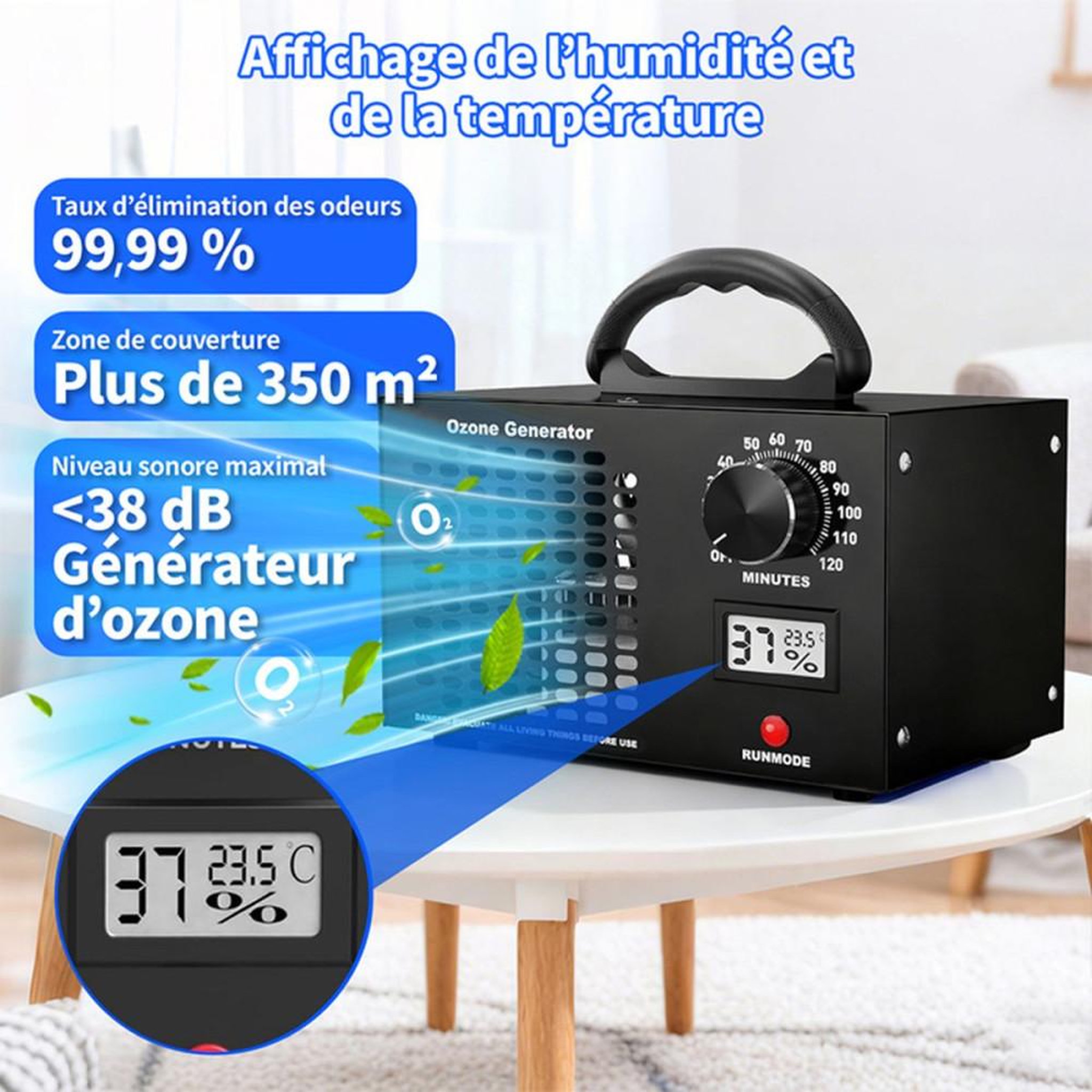 Voir la diapositive 4 : Purificateur d'air avec générateur d'ozone 65 000 mg/h, 300 m², sans filtre, minuteur 120 min, noir