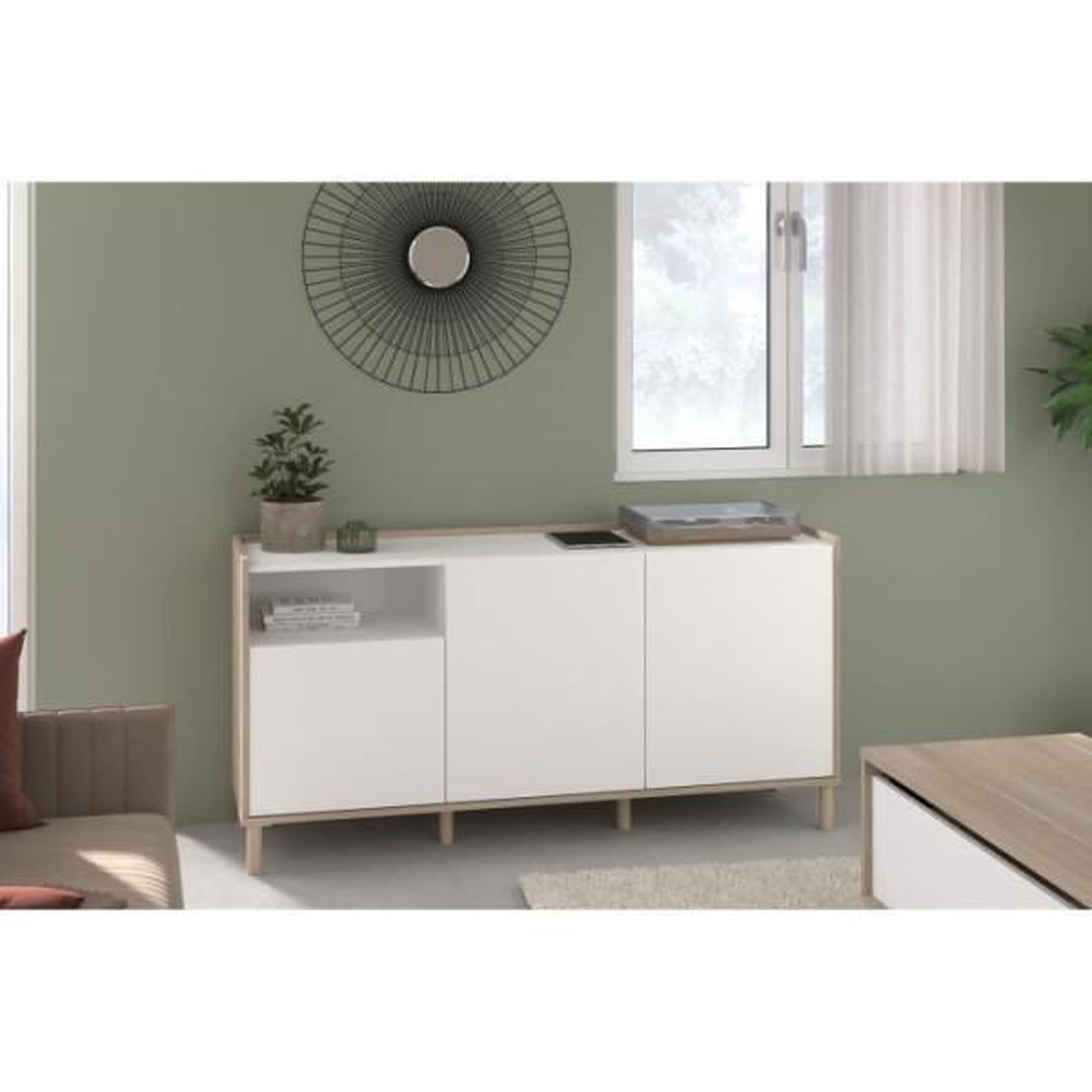 Voir la diapositive 2 : PARISOT Buffet MORPHOS - L 150 x P 40 x H 74,5 cm - Décor blanc / Chene - 3 portes - PARISOT