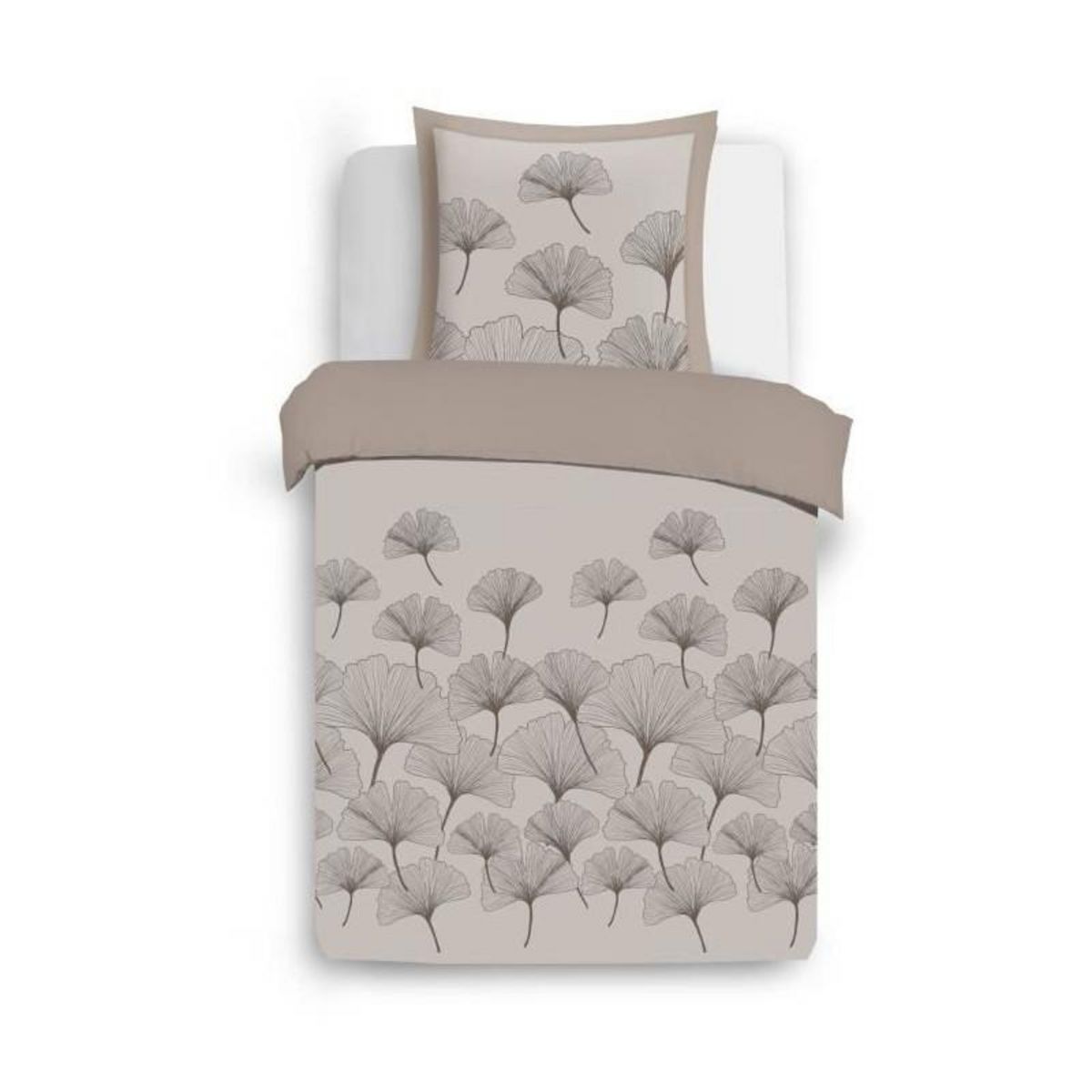 VISION Parure Housse de couette - VISION - Ginko - Parure réversible - 140 x 200 cm - 1 taie assortie 65 x 65 cm - Beige - 100% coton