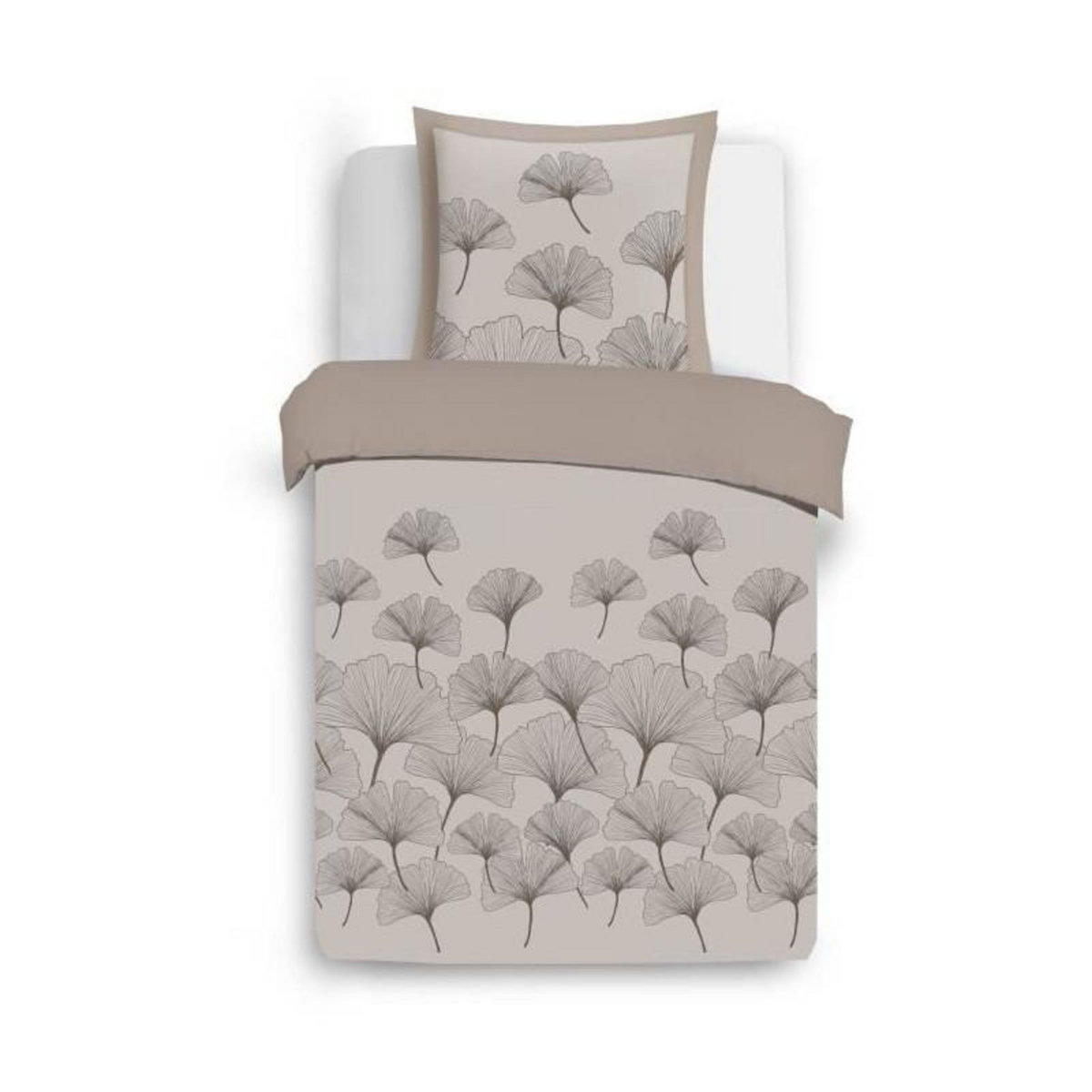 VISION Parure Housse de couette - VISION - Ginko - Parure réversible - 140 x 200 cm - 1 taie assortie 65 x 65 cm - Beige - 100% coton