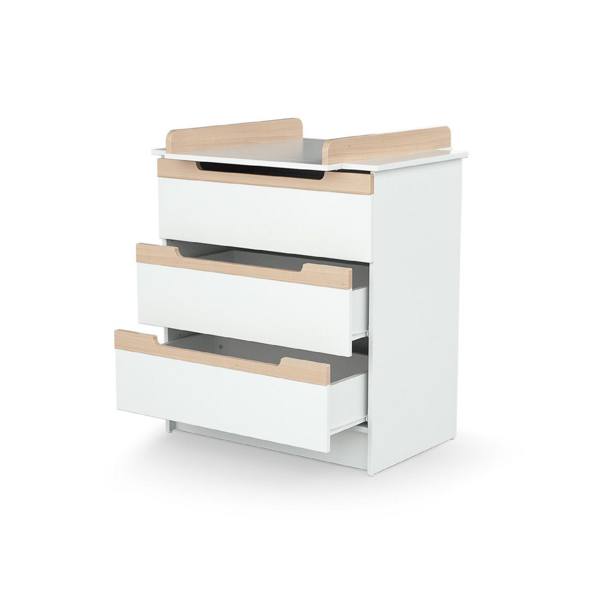 AT4 Commode à langer 3 tiroirs en bois CARROUSEL Blanc et Hêtre Verni