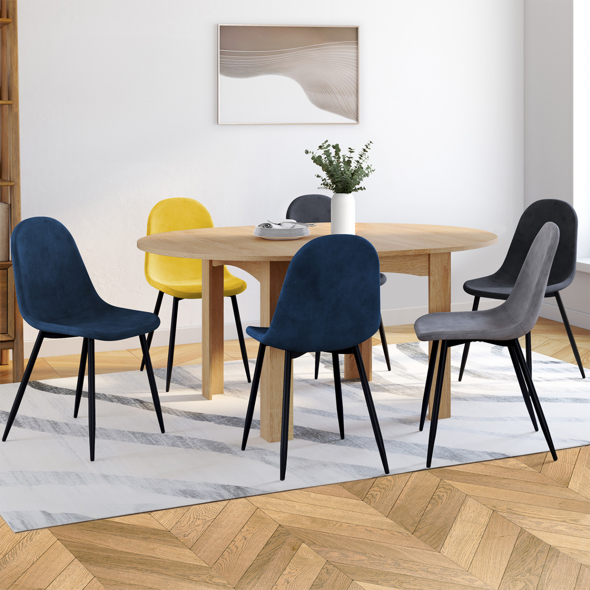 Voir la diapositive 2 : ID MARKET Lot de 6 chaises dali en velours mix color bleu, gris foncé, gris clair et jaune