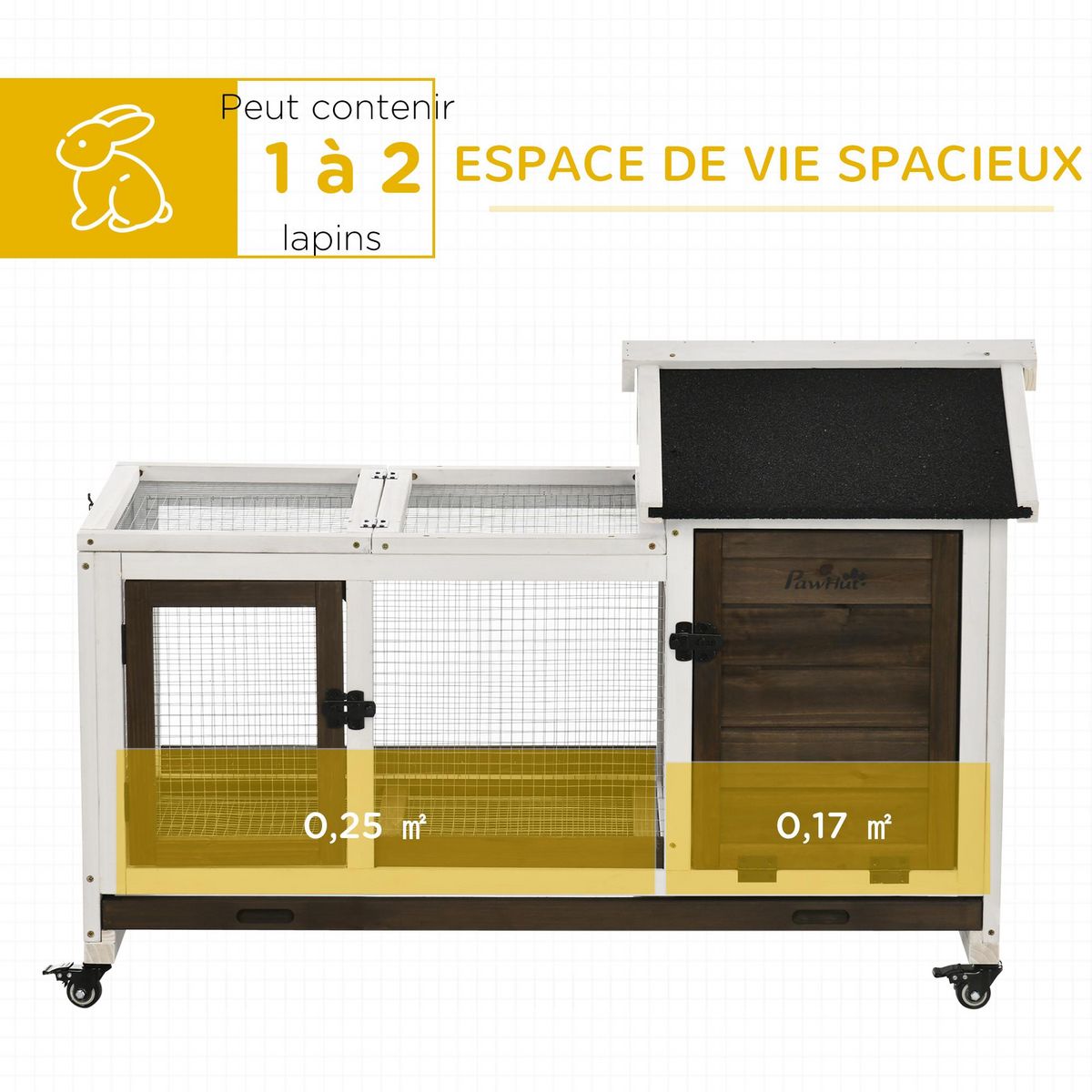 PAWHUT Clapier à lapin sur roulettes cage à lapin porte, rampe trappe verrouillables toit ouvrant niche bois sapin acier café blanc