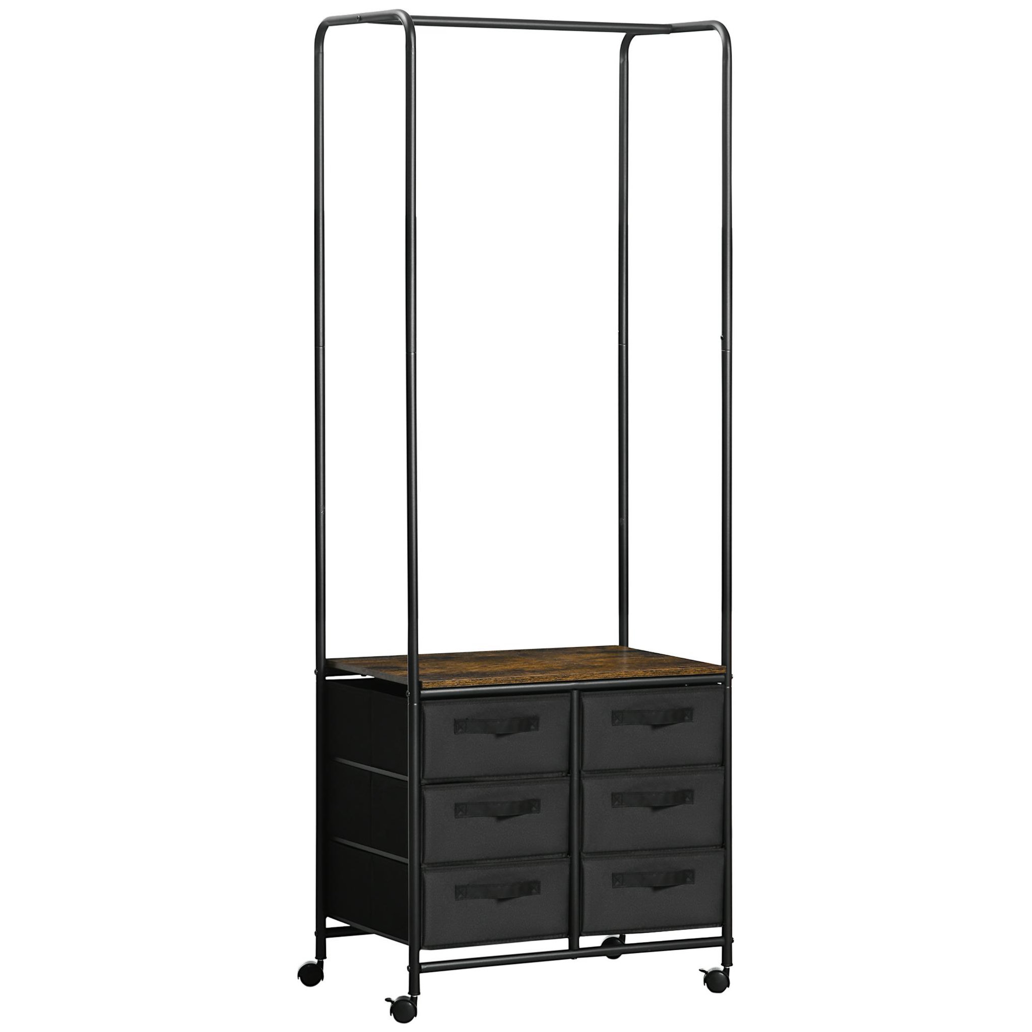 Voir la diapositive 1 : HOMCOM Penderie portant à vêtements style industriel sur roulettes 6 tiroirs barre penderie acier noir panneaux aspect bois
