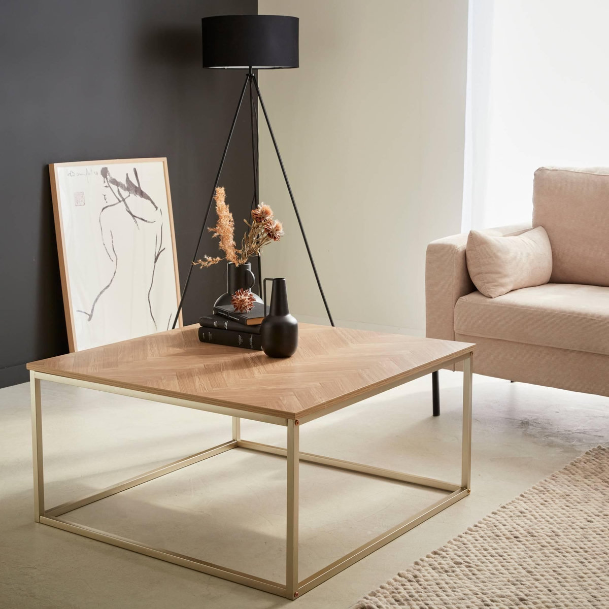 SWEEEK Table basse. Budapest. décor chevrons. structure métal. L 80 x l 80 x H 40cm