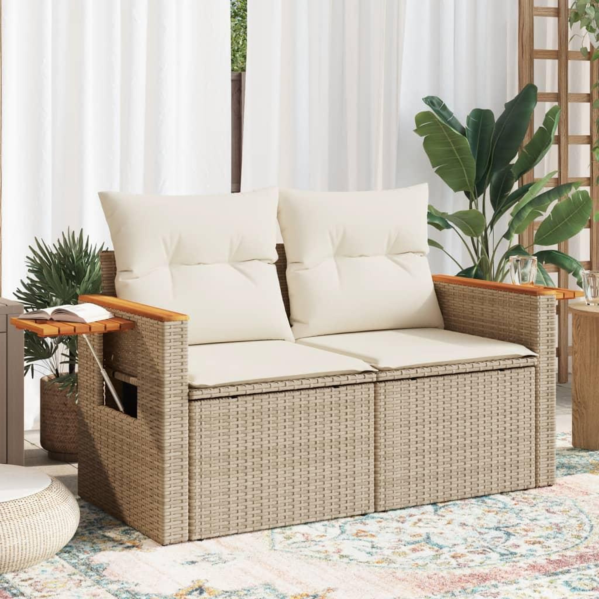 VIDAXL Canape de jardin avec coussins 2 places beige resine tressee