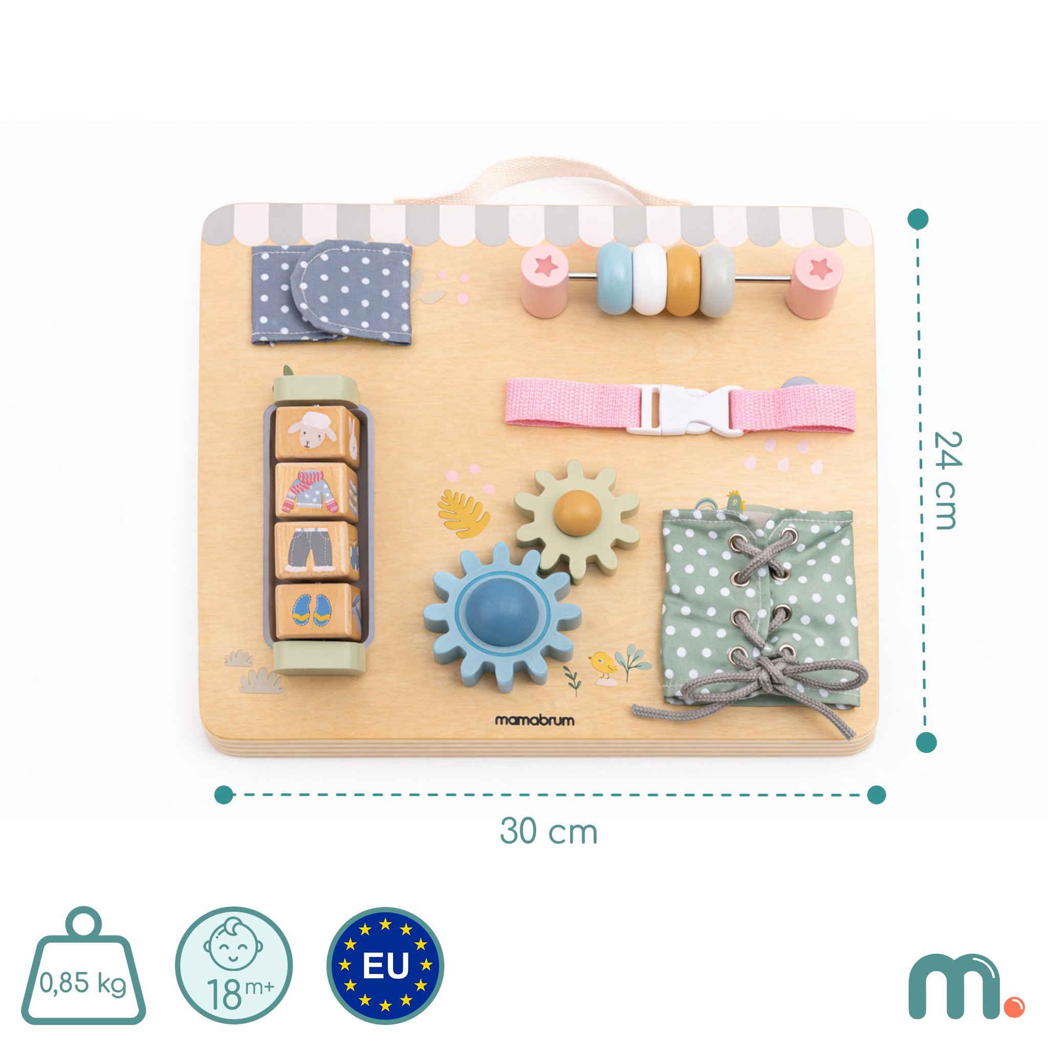 Voir la diapositive 3 : MAMABRUM Tableau Manipulation Bois Mamabrum Engrenages Lacets Velcro 30x24 cm 18M+