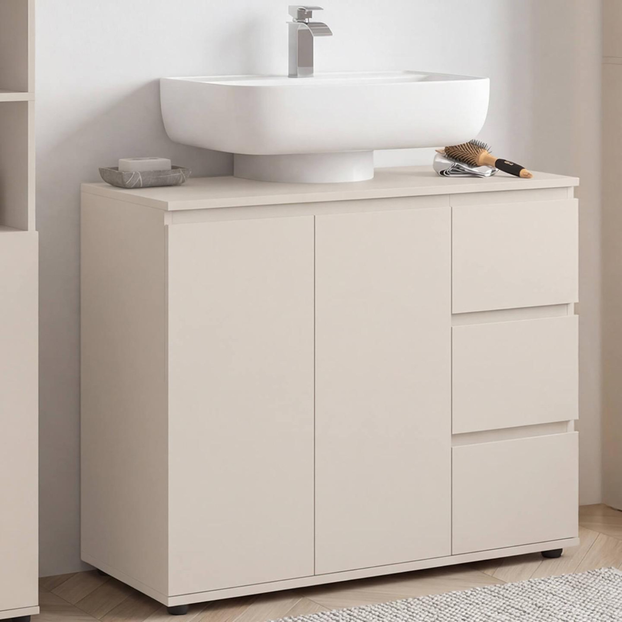 Voir la diapositive 6 : ID MARKET Meuble sous lavabo salle de bain tomi avec placard et 3 tiroirs beige