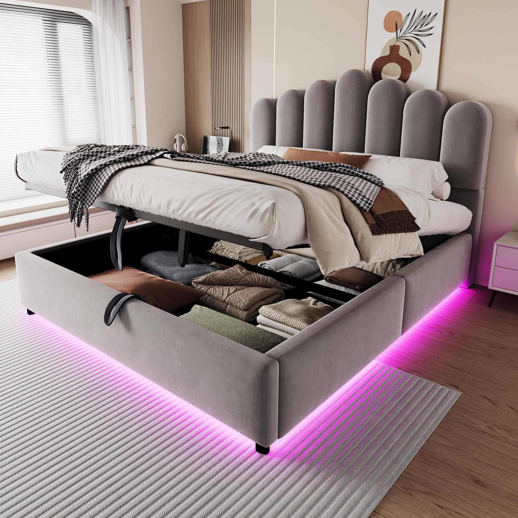 Voir la diapositive 2 : MERAX Lit coffre velours avec led, tête de lit capitonnée et sommier à lattes