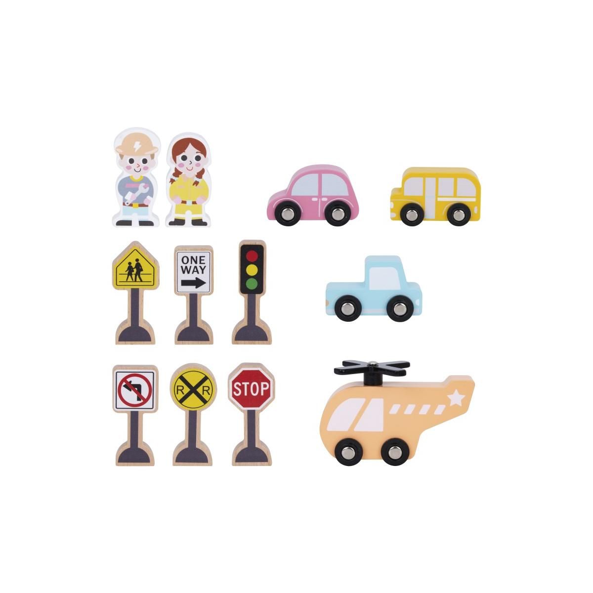 ELINELI Garage en bois avec panneaux de signalisation et lave-auto