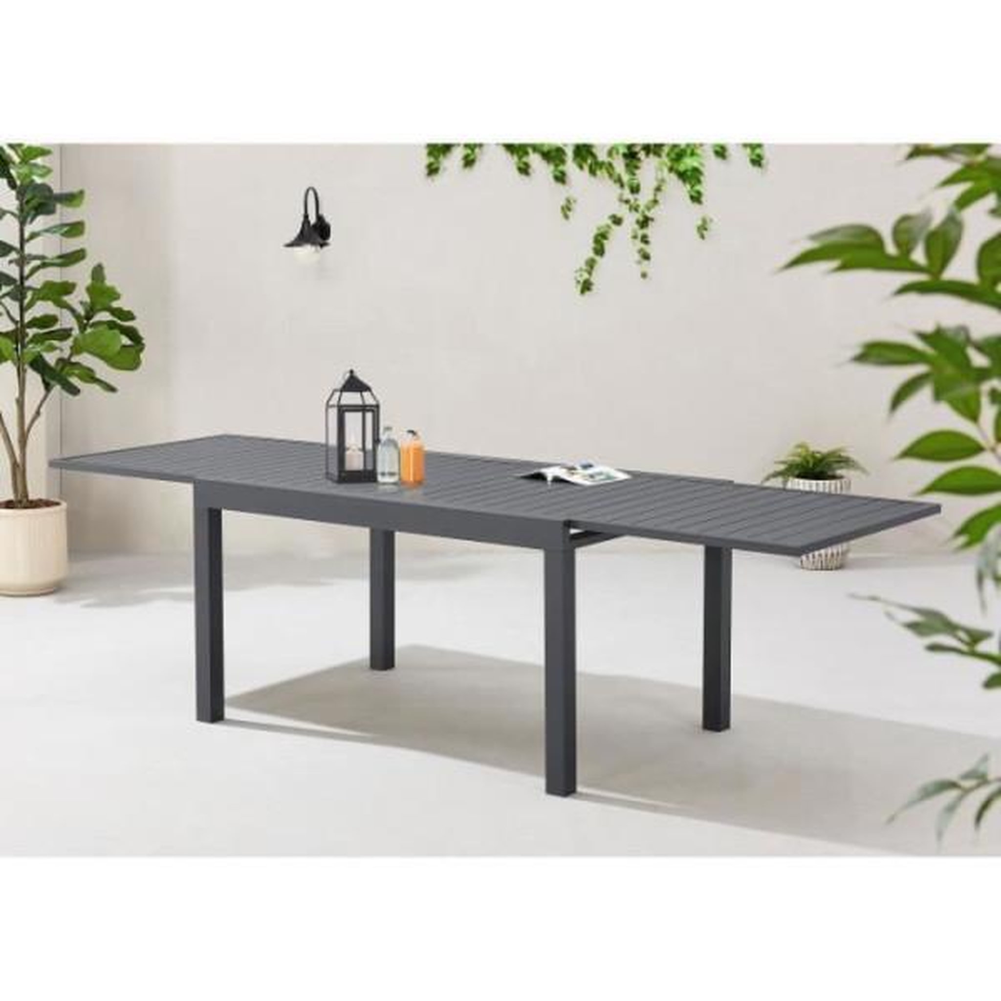 Voir la diapositive 2 : MARKET24 Table de jardin extensible rectangulaire 6 a 10 personnes - Structure aluminium - L 135-270 x P 90 x H 75 cm - Gris foncé
