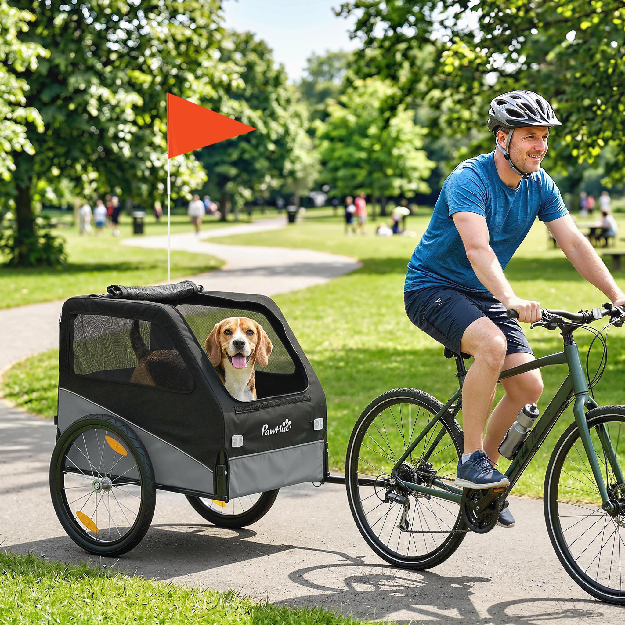 Voir la diapositive 6 : PAWHUT Remorque vélo chien pliable attache universelle pneus 20  réflecteurs drapeau harnais gris