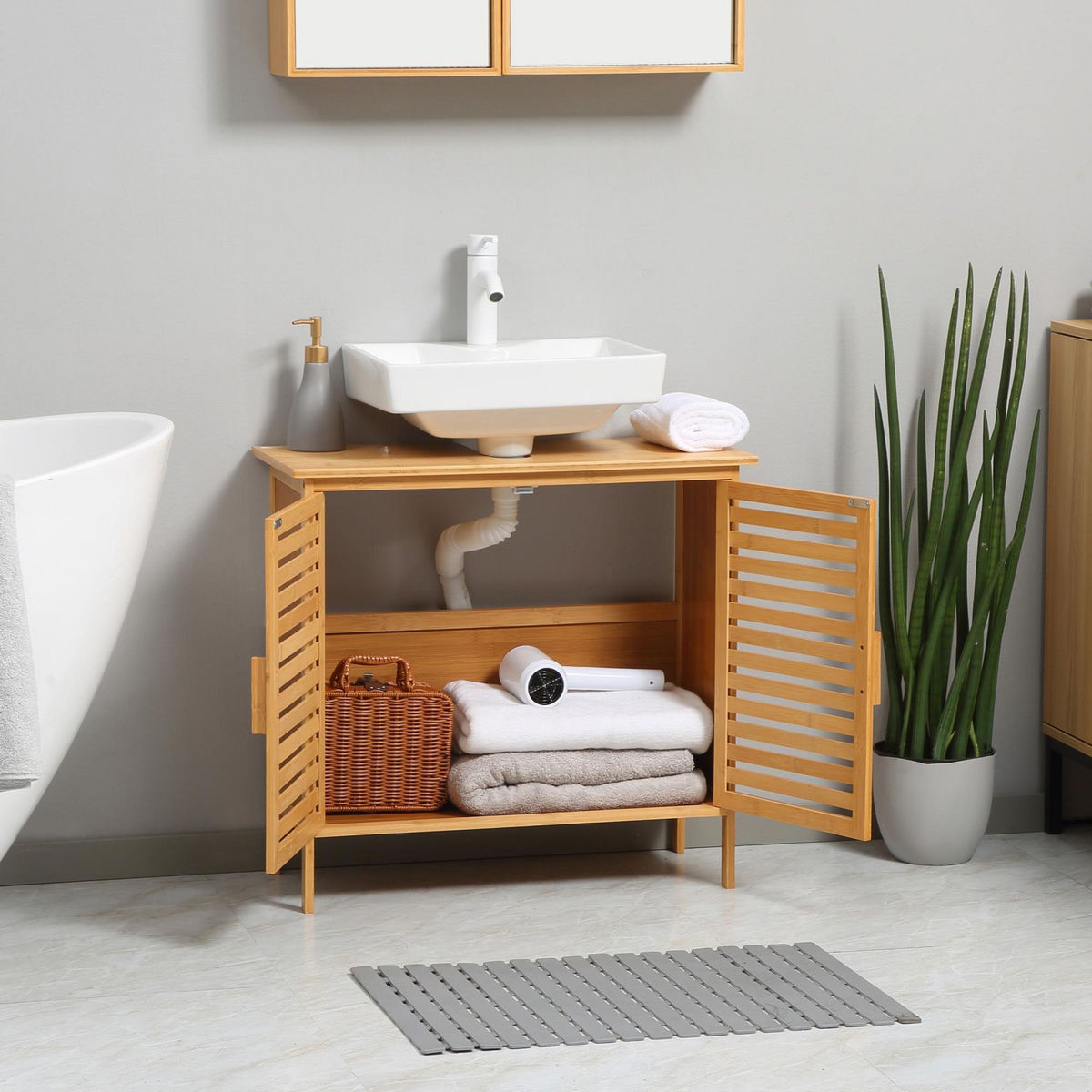 KLEANKIN Meuble sous-vasque 2 portes à lattes - dim. 66L x 29l x 61,5H cm - bois de bambou verni
