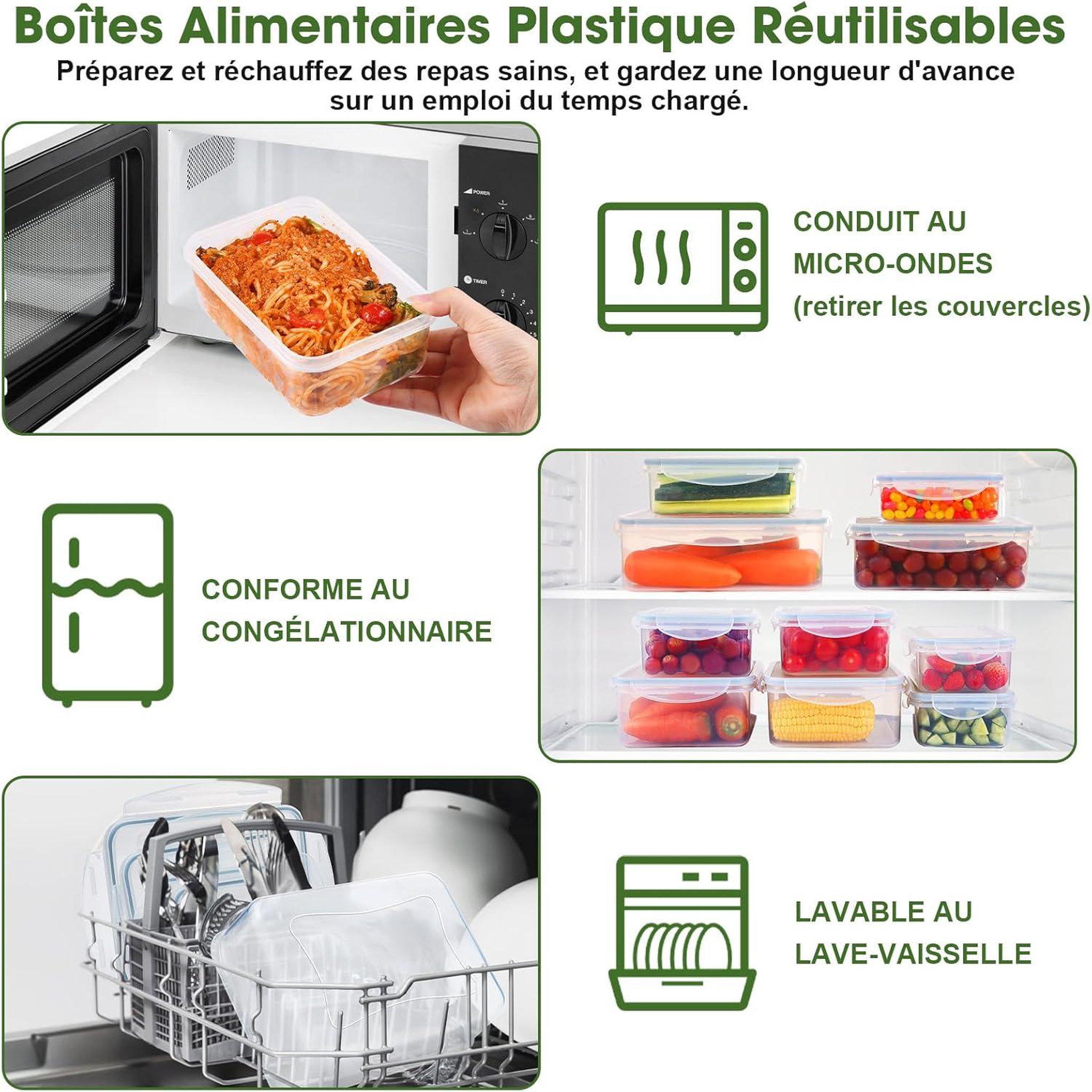 Voir la diapositive 6 : YASHE Boîtes alimentaires, 16 pièces, 8 récipients, 5,54 L