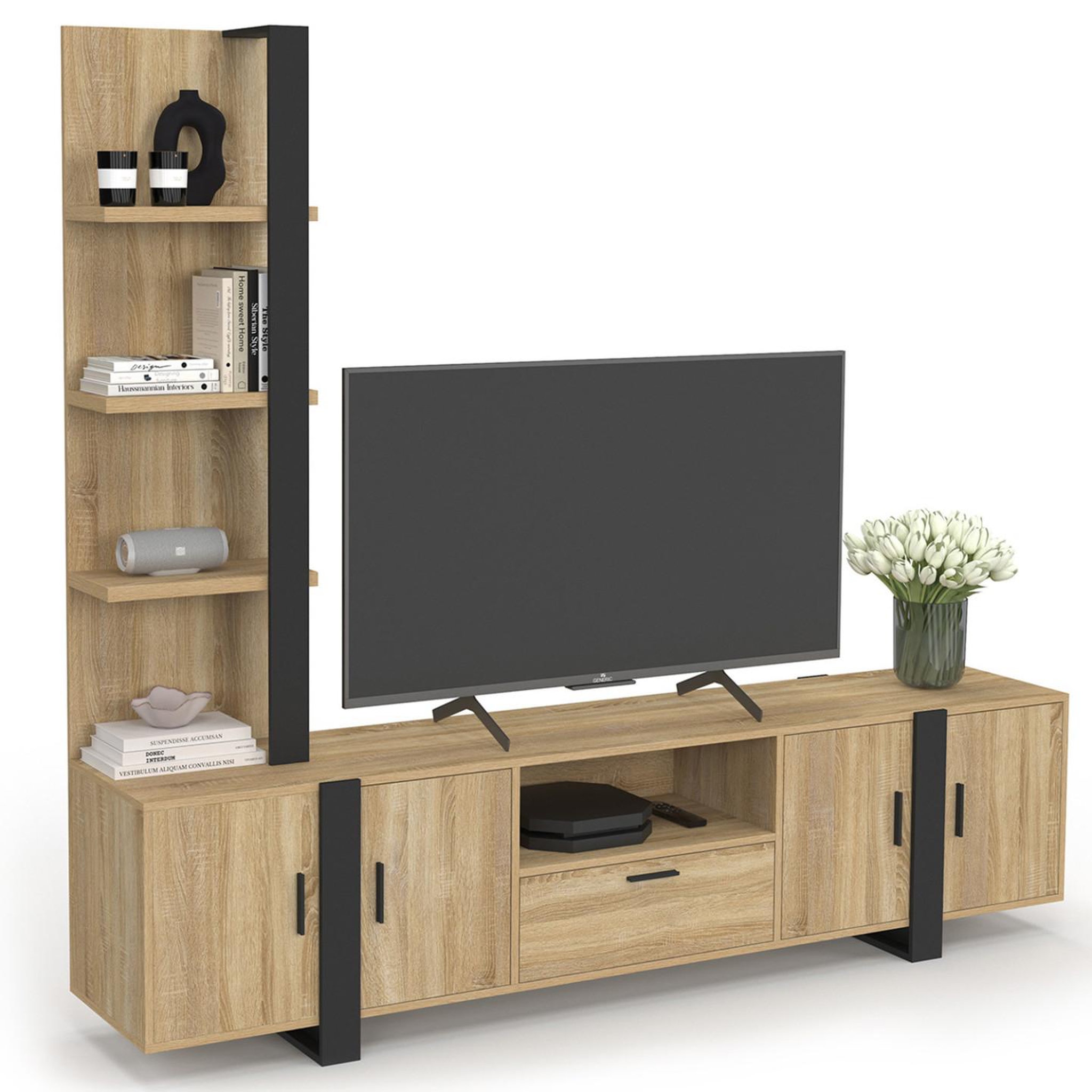 ID MARKET Ensemble meuble tv avec étagères et placard 200 cm phoenix bois et noir