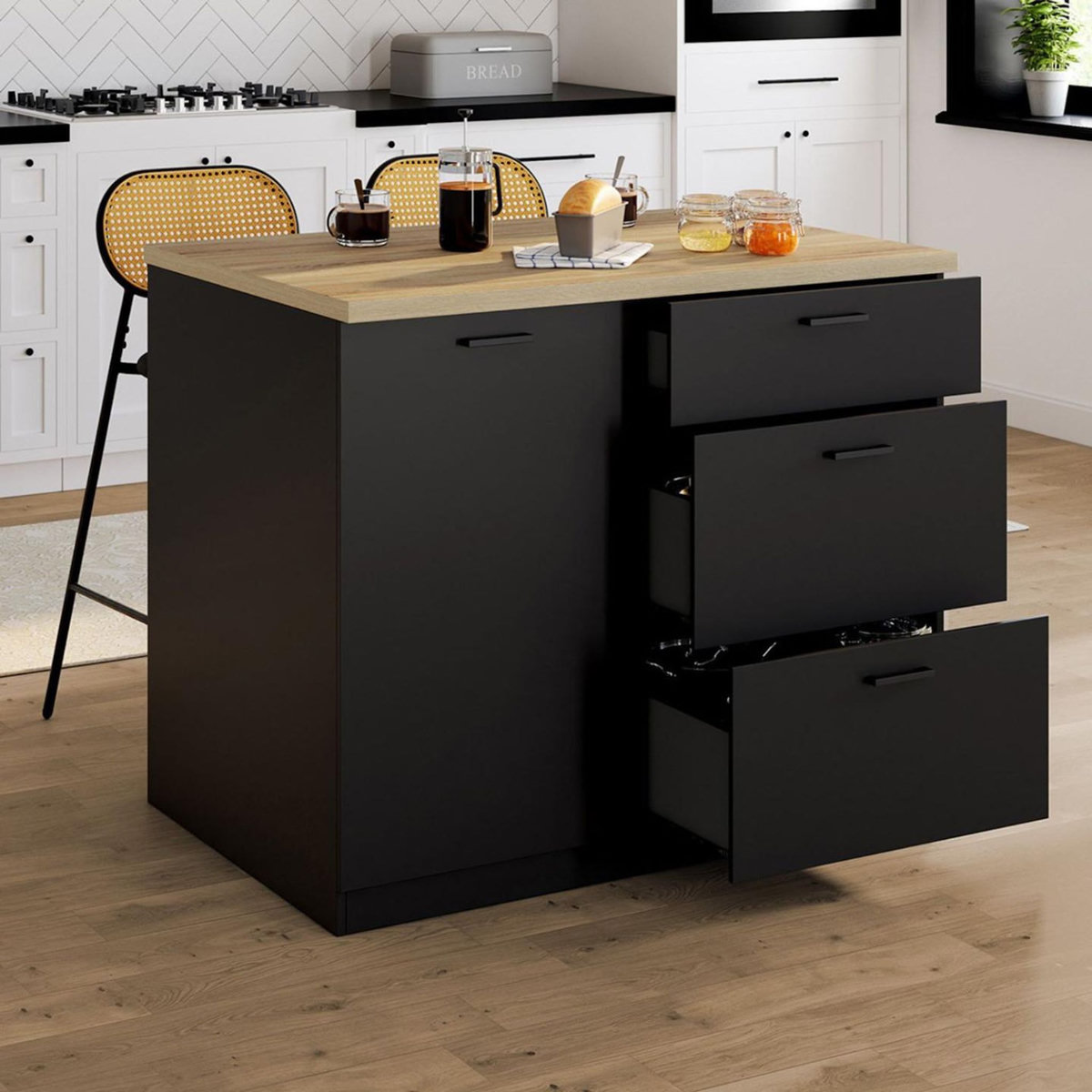ID MARKET Ilot central TIBO 110 cm casserolier 3 tiroirs bois noir avec plan de travail façon hêtre