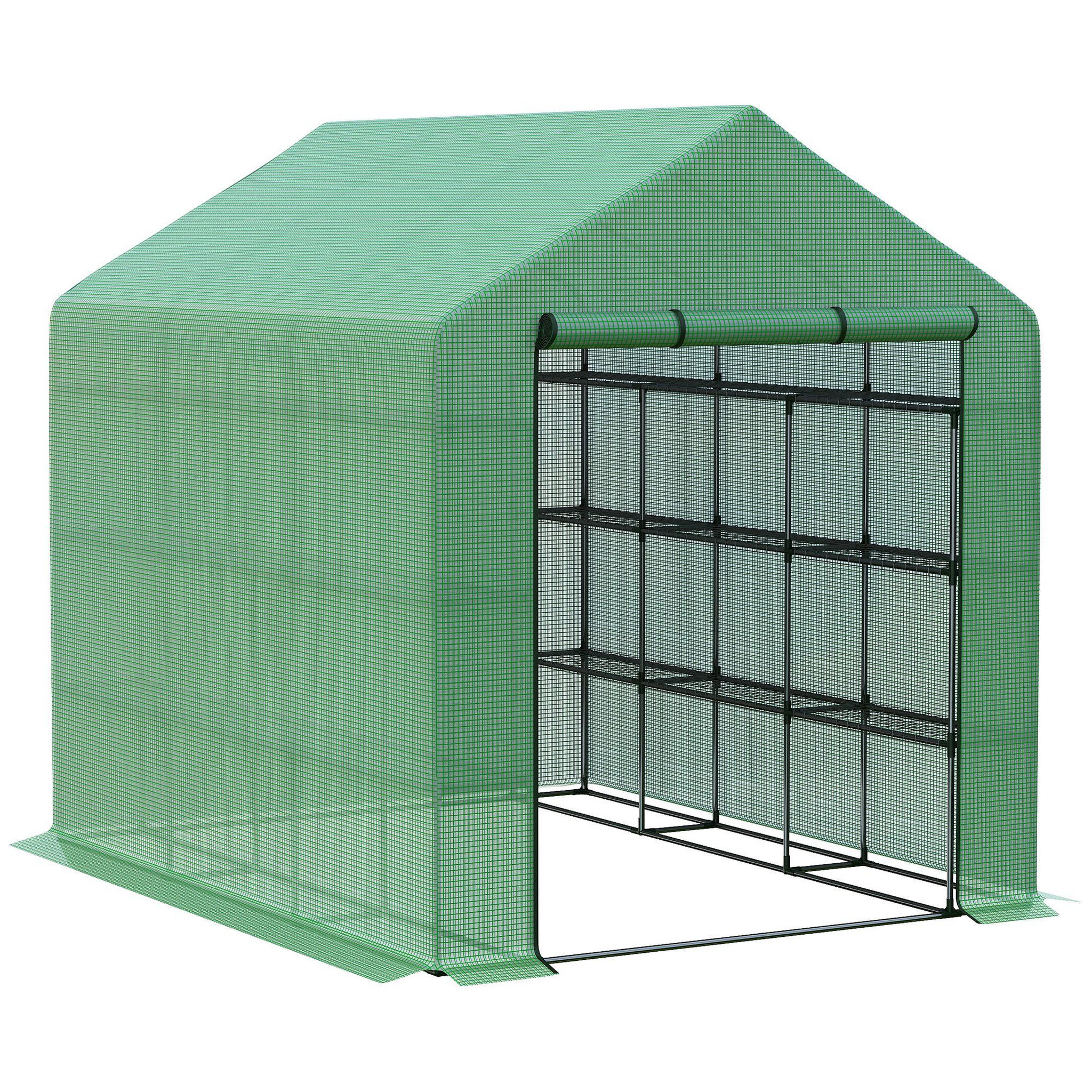 OUTSUNNY Serre de jardin 6 étagères dim. 244l x 180l x 210h cm porte enroulable acier noir bâche pe vert