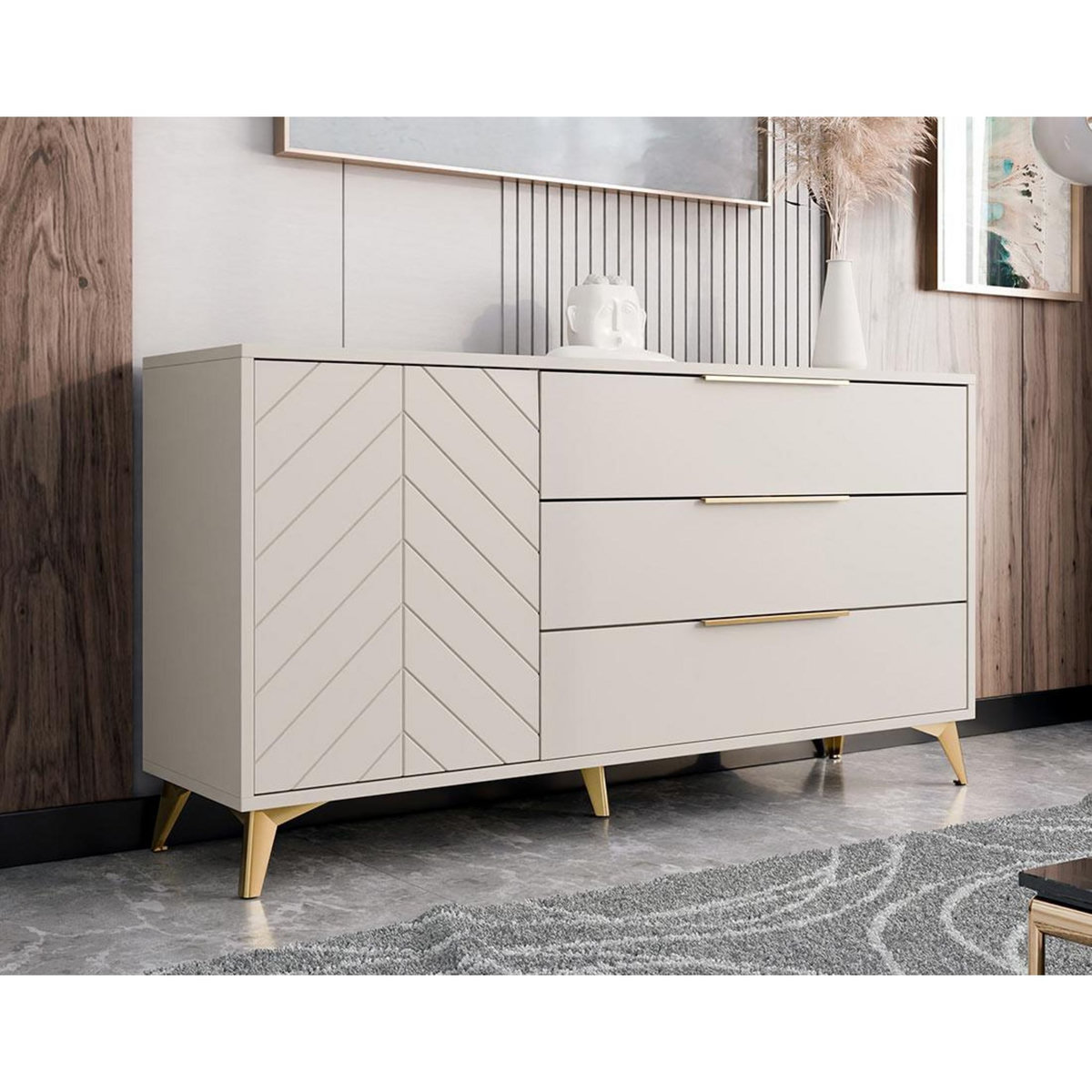 BEST MOBILIER Boccioni - buffet bas - beige - 3 tiroirs et 1 porte - 154 cm