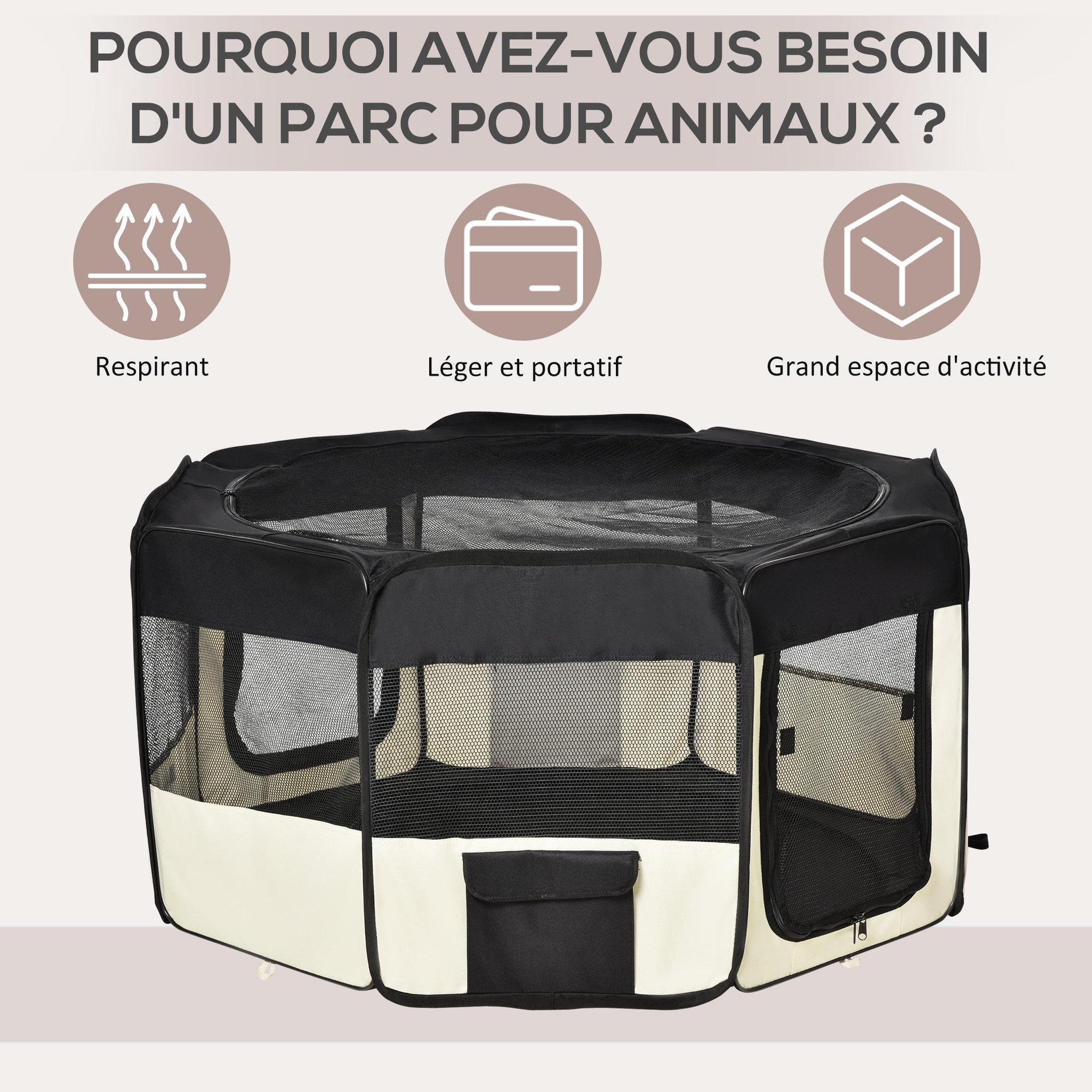 Voir la diapositive 4 : PAWHUT Parc enclos pliable chien chat - ø 120 x 58h cm - acier tissu oxford - crème noir