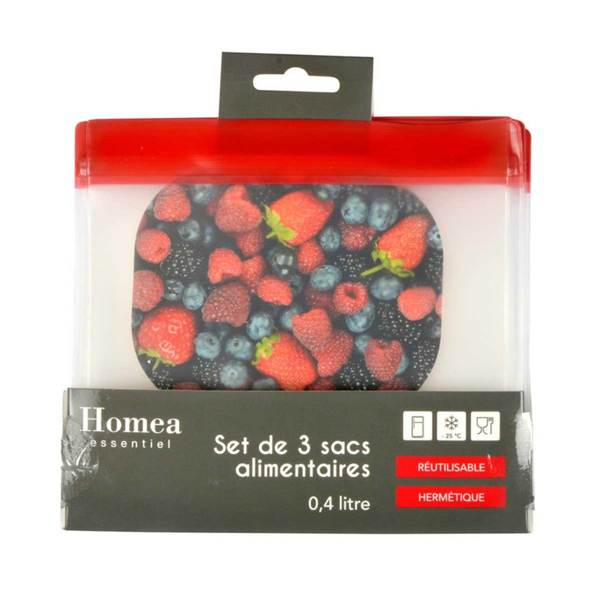 Voir la diapositive 2 : HOMEA Lot de 3 sacs alimentaires  réutilisables  0,4l transparent