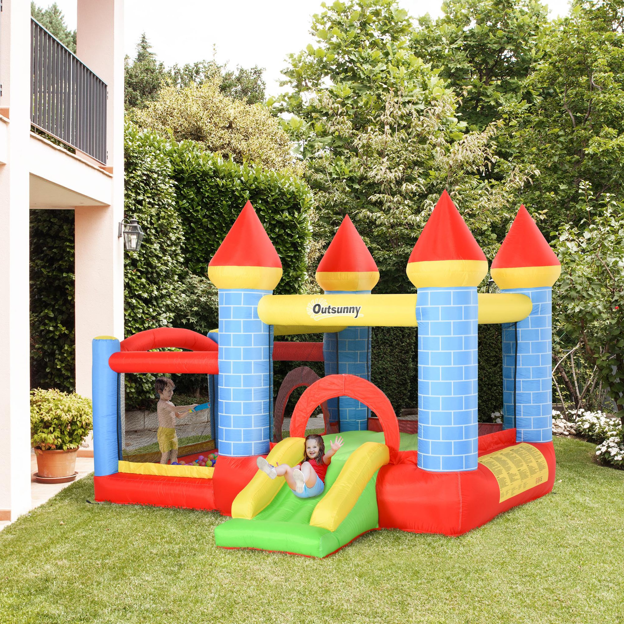 Voir la diapositive 2 : OUTSUNNY Château gonflable enfant - toboggan, trampoline, piscine, panier - gonfleur, sac de transport inclus - dim. 2,8L x 2,6l x 2,1H m - polyester multicolore