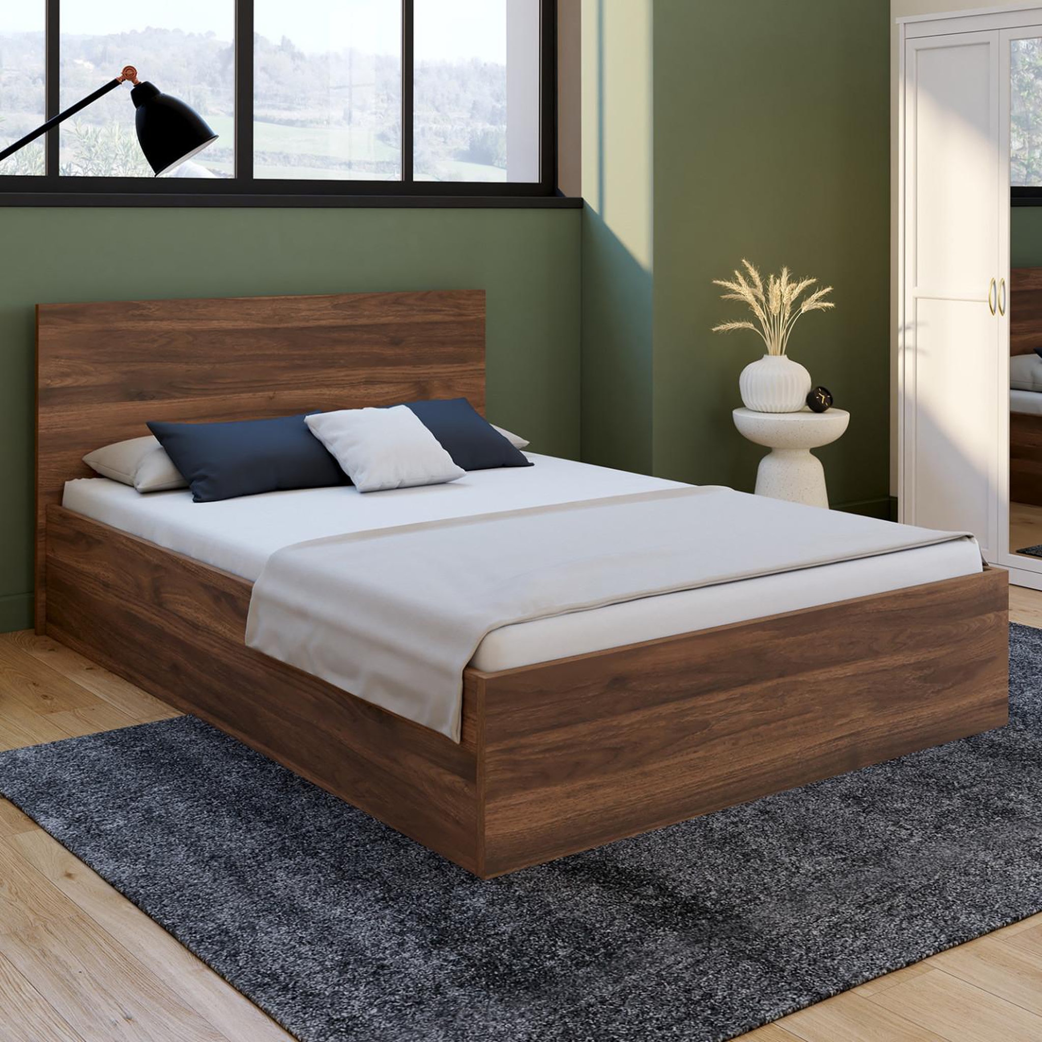 Voir la diapositive 6 : ID MARKET Lit coffre double seaside avec tête de lit et sommier 140 x 190 cm effet noyer